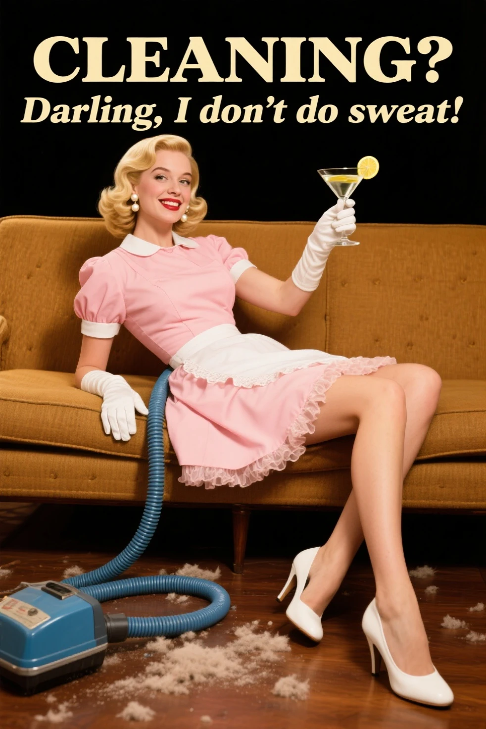 A glamorous 1950s-style housewife lounging sideways on a mid-century tan couch, right leg elegantly crossed over the left, showing off smooth legs and white high heels. She's holding a martini with a lemon garnish in her gloved right hand, striking a confident smirk. Her blonde retro-curled bob hair is glossy and perfectly styled, adorned with pearl earrings. She wears a pastel pink frilly dress with a white apron, short puffed sleeves, and a cinched waist. Long white gloves add to her posh appearance. On the floor are scattered tufts of dust and a blue vintage vacuum cleaner hose extending beside her. Bold vintage text above: "CLEANING? Darling, I don't do sweat!", scene lit in warm studio lighting with a cheeky, exaggerated 1950s poster vibe. The setting is comedic and theatrical, highlighting domestic satire.