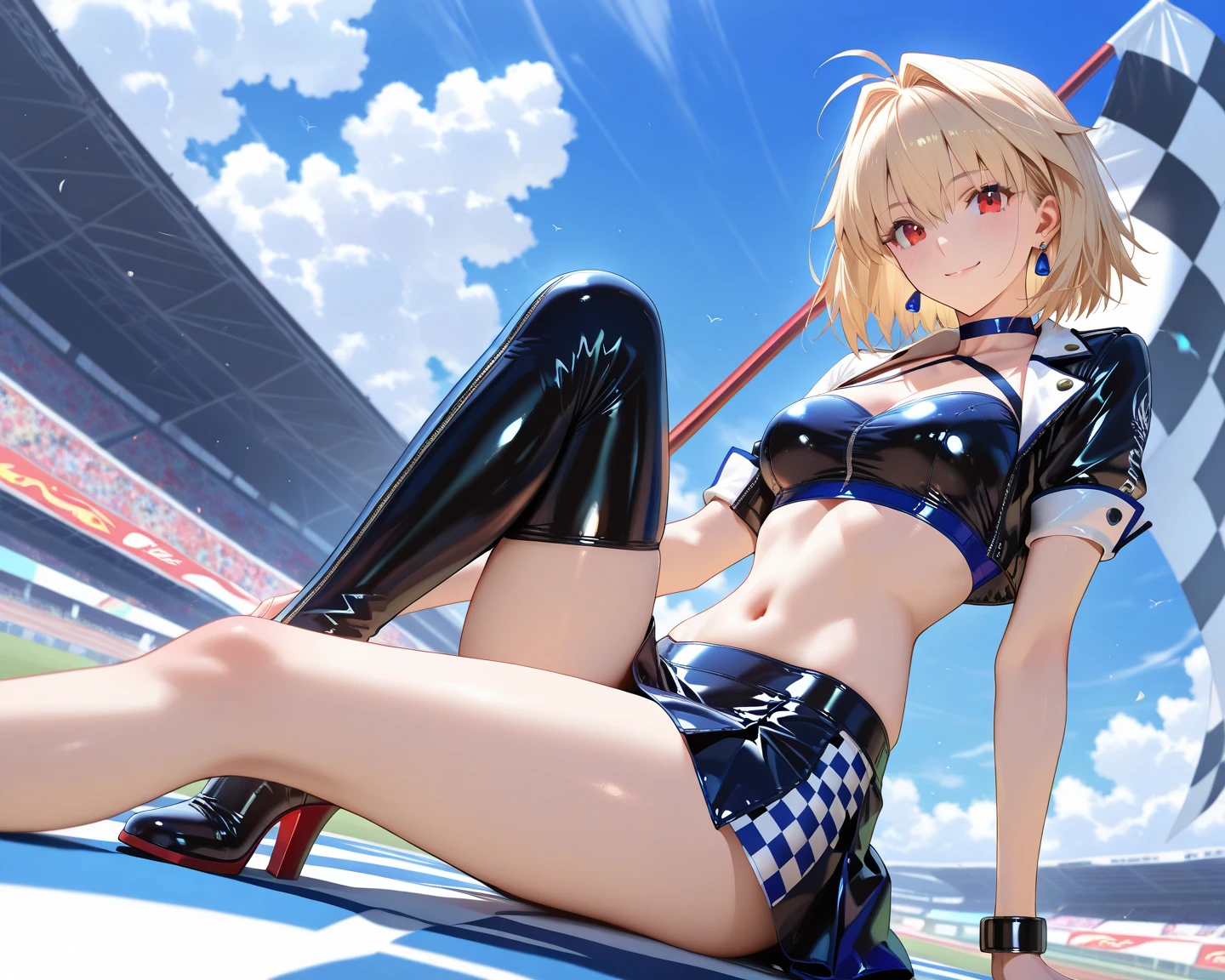 A woman wearing a tight white race queen style dress, exposed thigh, long white stockings, black heels, short blonde hair, red eyes, black gloves, big breasts, smiling, sitting on the hood of a white racing car with red details, on a track in a racing stadium, illuminated place, place at night,(woman solo), HDR, ultra resolution, sharp, masterpiece, 8K HD