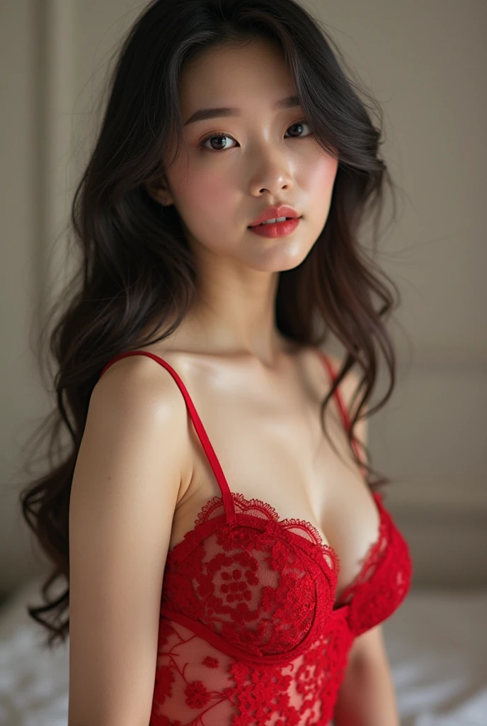 Obra de arte, girl, hermosa, de cara hermosa, labios rojos, Brown hair, cuerpo completo, sola, small breasts, blusa corta, falda corta, en la noche.