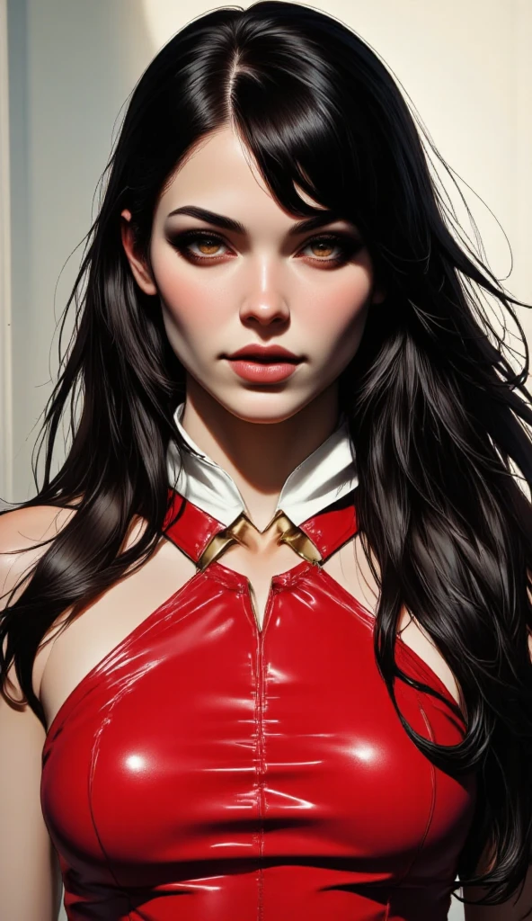 A picture of the head of Vampirella,long black hair,"head and shoulders portrait, 8k resolution concept art portrait by Greg Rutkowski, Artgerm, WLOP, Alphonse Mucha dynamic lighting hyperdetailed intricately detailed Splash art trending on Artstation triadic colors ,volumetric bright lighting" large breasts