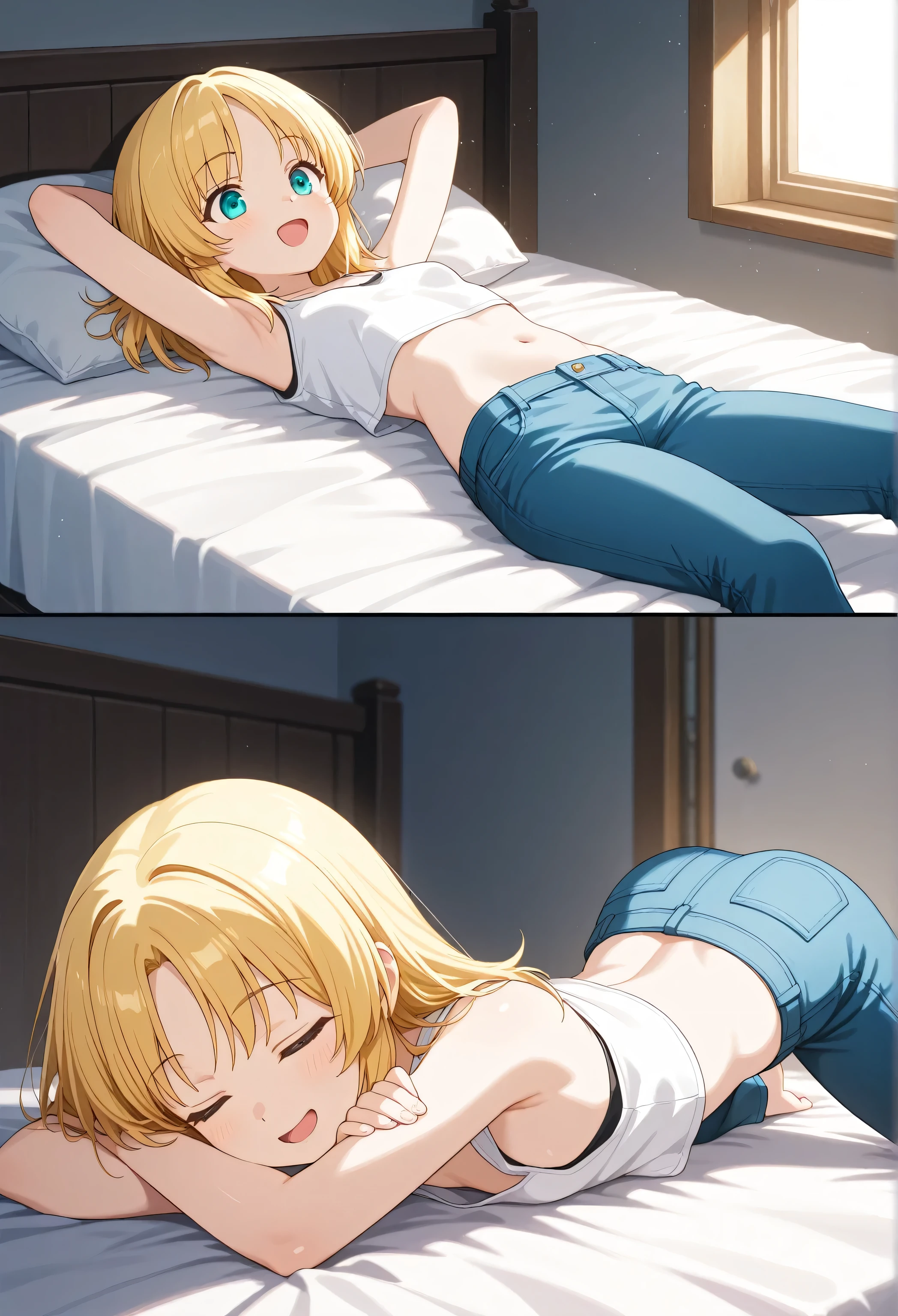 1 Female, alone, Young girl, 16 years old, Straight Blonde Hair, Blunt bangs, blue eyes, (Shame face、Watery eye), (masterpiece, Highest quality:1.2) Delicate illustrations, Super detailed, Medium chest, lie down、(((Spread your legs wide)))、(Sex、Normal position:1.3)、((Full Body Shot)), (Light blue bra、Light blue panties), Bed
