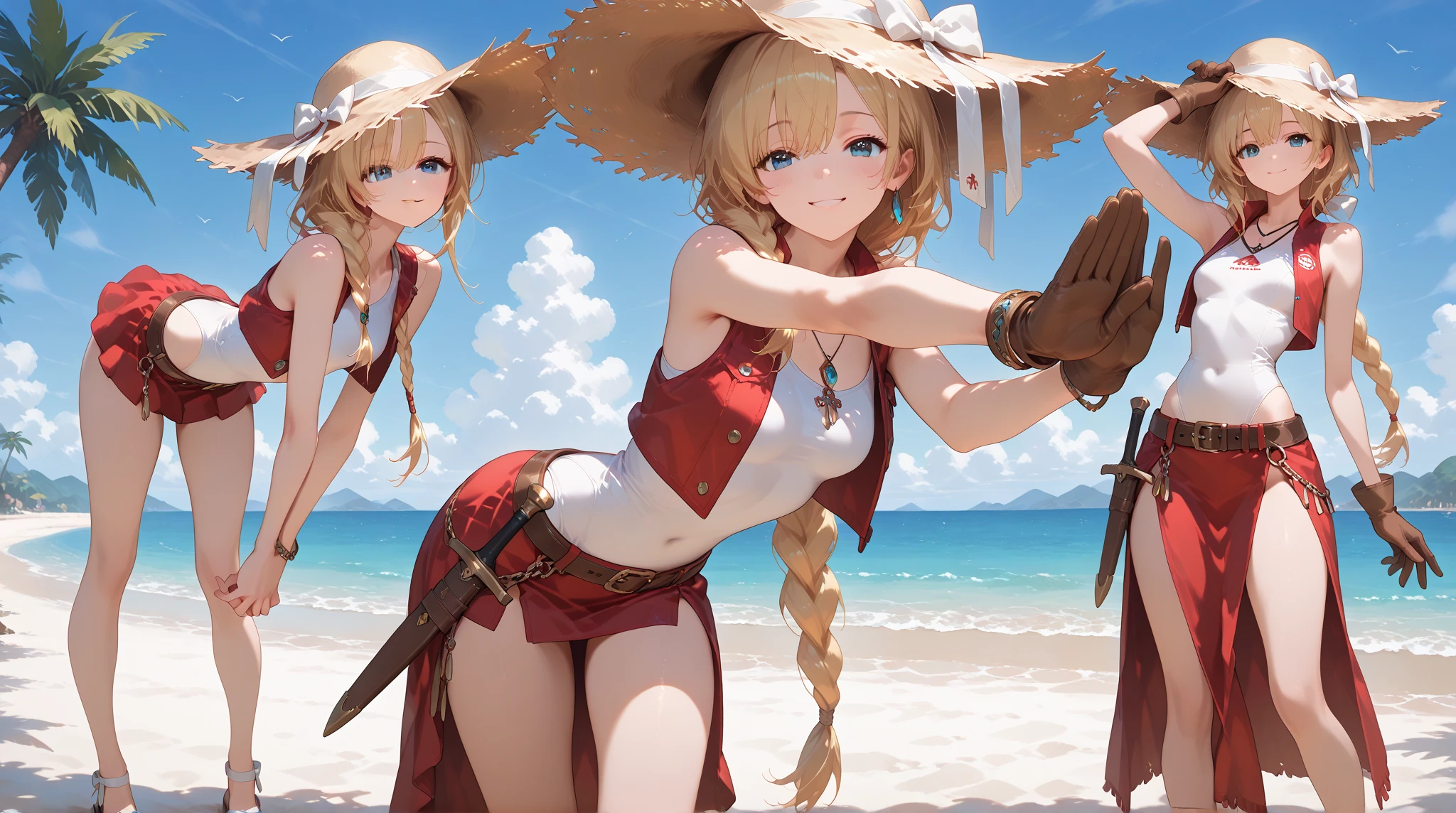 forehead-to-forehead, 2girls, yuri (Elven Forest) and (Bozed Co Palesti) Subject: Woman in yellow tiger print bikini
Additional details:
Activity: Standing confidently on a beach or a poolside.
Background: Sunny day with clear skies (add palm trees for a beach setting).
Expression: Smiling and having fun.
Pose: Full body shot that is flattering and appropriate for swimwear.