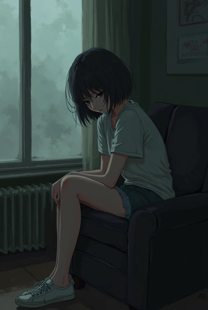 A woman sits crying against a window at night, wearing a white shirt, with a pretty and sad face. There are tears on her face and chains on her legs.