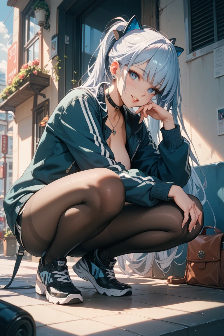 masterpiece:1.3、ultra high resolution:1.3、8K、woman、solo:1.3、big breasts、The style is very good.、White-silver hair、light blue eyes、sitting、ponytail、Text Graphic Drop Shoulder Oversized Drawstring Parka、sneakers、skirt、outdoor、Light pointing、apartment、city、smile、blush、real moist skin、hand、feet