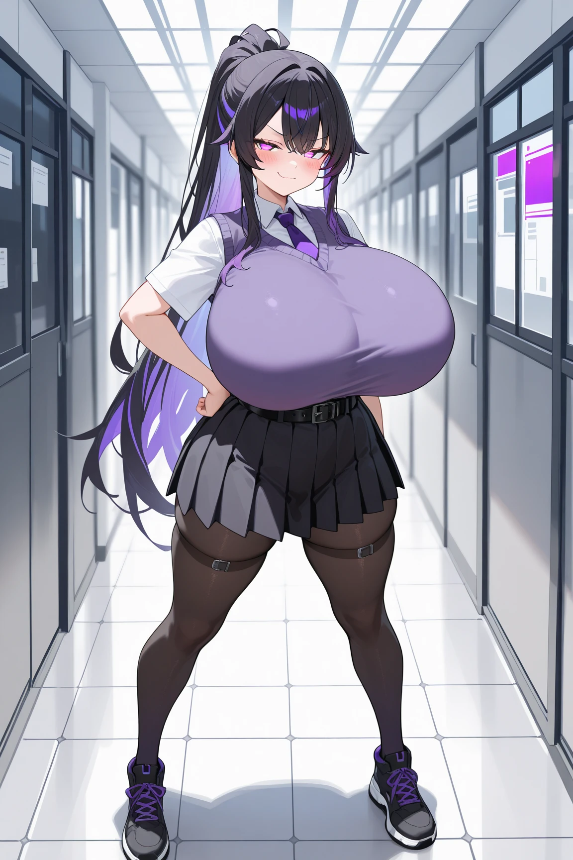 Bigboobs,long purple hair,white shirt,mini skirt,stocking,pov from bottom,revelling underwear,blush