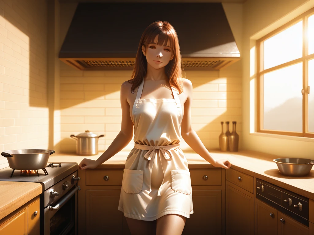 1 woman, Pretty Caucasian (female), Sarah Shahi, a slim but muscular body, huge breasts, brown messy hair, blue eyes, woman((30 years old)), eye((smart eye, green)),full nude、((topless)), ((wearing only yellow short apron)), no other clothes, exposed large cleavage, exposed thighs, full body shot, full body, kitchen background, thighs visible,
