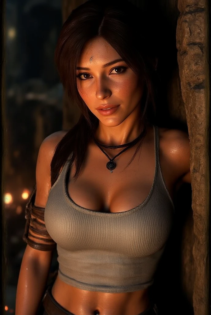 Full body photo of Lara Croft from Rise of the Tomb Raider, ((perfect face)), perfect eyes, perfect anatomy, ((fixed eyeixed pupils position)), ((ancient Egyptian white dress style)), (skinny body with big boobs) , ((wearing belts and slits for the pistols on the thighs)), ((sweet and delicate smile)), (delicate look), wearing backpack, wearing ancient egyptian gadgets, dark, torches light up the scene, ((realistic)), ((high resolution))