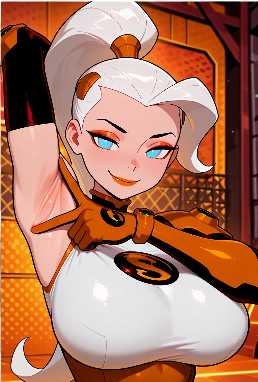 (Best quality, masterpiece:1), fluffy, female, 1 girl, antro, Angel dust, 4 hands, white fabrics , thigh boots, Gold Tooth, huge bun on chest, , red gloves, Smirk, hourglass figure with sharp teeth, body, , noble fabrics,mixing, light reflection, Ray tracing, Backlight, blossom, mixing, falling shadow, granularity, Fill an image, Fujikos, halftones, movement lines, optical illusion, anaglyph, stereogram, express lines, vignetting, scan lines, uhd, retina, masterpiece, accurate, Anatomically correct, textured leather, super detail, high detail, high quality, award-winning, Best quality, a high resolution, boots,