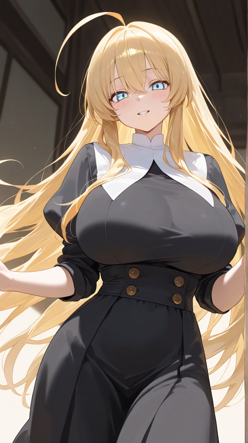 (mejor calidad:1.5, high resolution, HD, 4k, detailed lighting, sombreadores, perfect hand anatomy), pelo liso rubio, tetona, traje de enfermera, escote, muslos, sonriente, tirar, tiro cercano, de pie, antecedentes hospitalarios