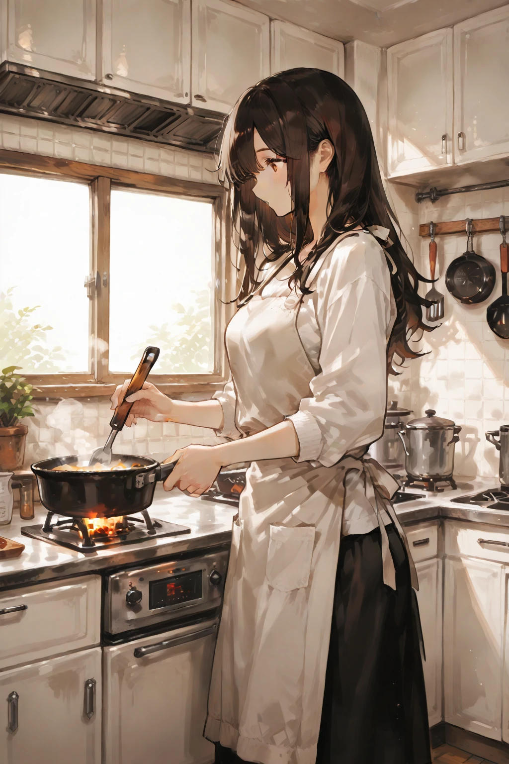 Woman making miso soup, wearing an apron, evening, chill, Japanese-style kitchen, back view, brown hair
