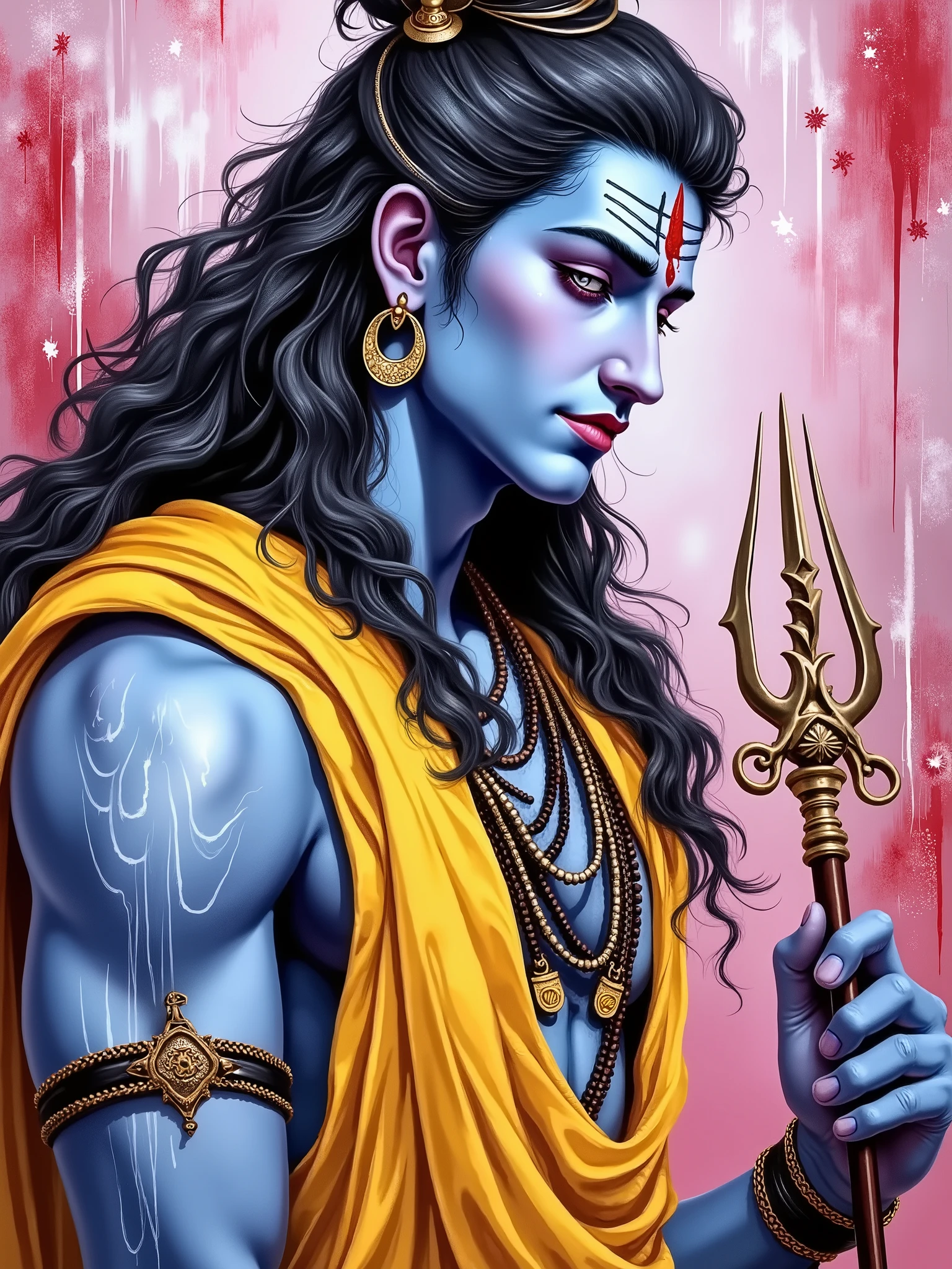 3/4th  portrait of very handsome and cute Lord Shiva in neo-expressionist oil painting style ((he has black matted long hair, wearing yellow robes, holding a trident/trishul, blue skin tone)), ((a snake in neck)) . Thick impasto brush strokes and heavy texture. Color palette: soft pinks, magentas, spiritual whites, with deep black and crimson accents. Three parallel  horizontal line iconic shiva tilak on forehead.Half-closed eyes in deep trance. Glowing third eye on forehead. Bold white vibhuti smeared across forehead and cheeks. Flowing abstract jata blending into cosmic shapes, with crescent moon and Ganga in white streaks. Divine, serene expression with emotional intensity. Vertical and horizontal brushstroke trails. Dark abstract background with chaotic blend of pink, white, and black—like modern spiritual graffiti. neo-expressionist portrait, impasto oil texture, devotional modern art, mythological abstraction, --ar 3:4 --style raw --v 6