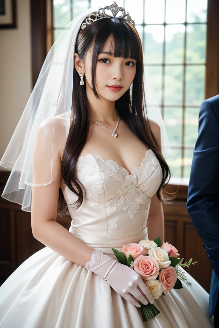 (table top、highest quality、8k、very detailed and intricate details、Award-winning work、ultra high resolution)、(pregnant princess in a wedding dress:1.1)、(A gorgeous deep flower garden:1.3)、(Hold your wedding ceremony in a flower garden filled with bright roses:1.3)、(Huge, top-of-the-line flower tunnel:1.3)、(Huge finest rose arch:1.3)、(A flower garden filled with lots of roses:1.3)、(Bride surrounded by lots of flowers:1.1)、(A flower garden filled with lots of pink, white, and red roses:1.3)、(Detailed beautiful mass of flowers:1.1)、Finely drawn ultra-high definition background、A princess in a bridal suit standing elegantly、Big breasts that are about to burst、photo of the bride's upper body、the best smile looking at me、(最も贅沢なhighest qualityの巨大なお姫様のティアラ:1.1)、(最も贅沢なhighest qualityの巨大なお姫様のネックレス:1.1)、(perfect and accurate wedding lace:1.3)、Very bright lighting、Beautiful skin that shines white、perfect makeup、accurate anatomy、(Very intricately decorated down to the last detail.:1.1)、ultra high definition hair、ultra high resolutionの完璧な美しい歯、Ultra high definition beauty face、ultra high definition hair、Super high-definition sparkling eyes、輝くultra high resolutionの白い肌、ultra high resolutionの艶やかな唇
