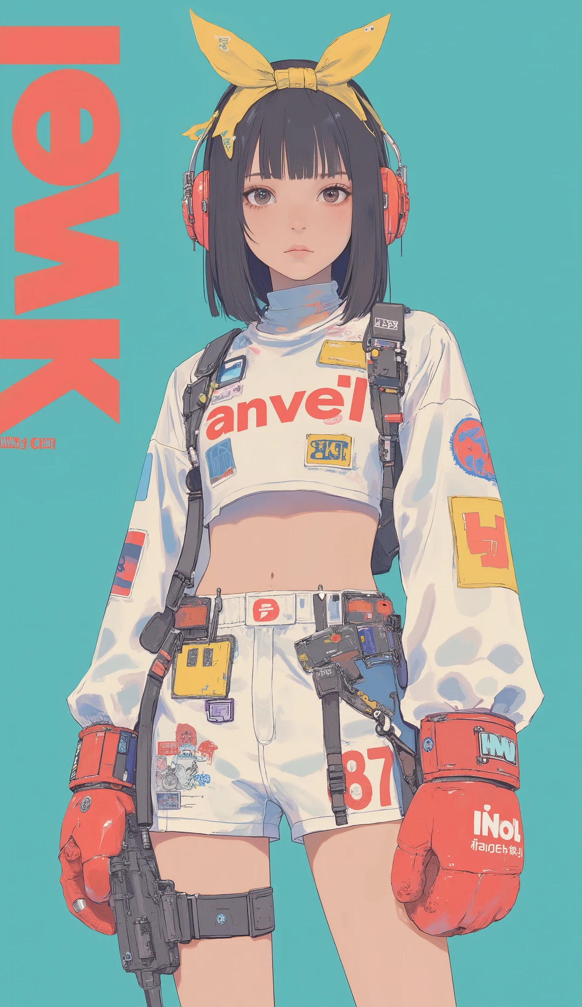 The image features a person wearing an elaborate outfit that resembles a futuristic boxing uniform. The color scheme is vibrant, with dominant reds, whites, and yellows creating a striking visual effect. The subject is dressed in a white cropped top with colorful patches and a prominent yellow bow. They are wearing large, red boxing gloves with intricate mechanical details. The shorts are adorned with various prints and logos, including the bold red text "ANV87." The attire suggests a blend of sportswear and sci-fi elements, hinting at a narrative that goes beyond conventional boxing. The background is a solid teal color, against which the large red letters "KWEL" and "kwel" stand out, resembling a magazine cover or promotional poster. The overall mood is dynamic, with an emphasis on power and style, combining futuristic themes with athletic vigor.大きな胸、