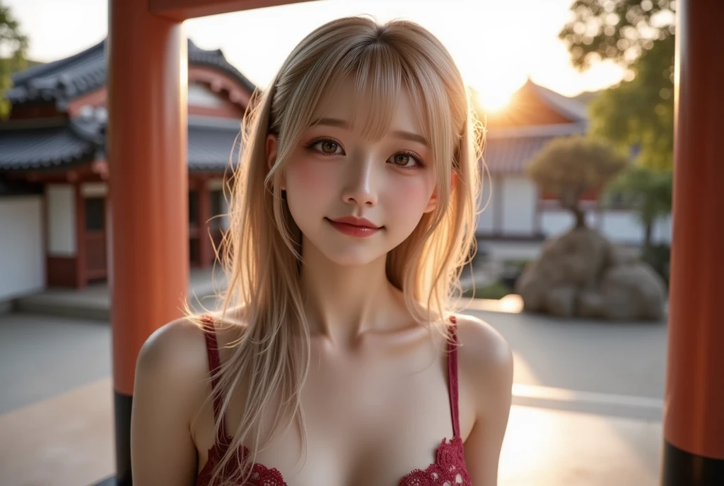 (Best Quality, Hyper Real, Ultra HD), Blonde, Sexy pose, College girl in lace fashionable red underwear, Nogizaka 46, cleavage, slender, shiny, glossy skin, beauty, beautiful eyes, smile expression, best skin type, background in front of the fountain in the park