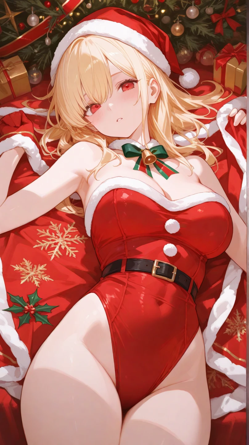 highest quality、cinematic lighting、Sexy Santa、Santa Bikini、blonde、full of sweat、on the bed、Lie down and open your legs、red panties chest、ecstatic face、