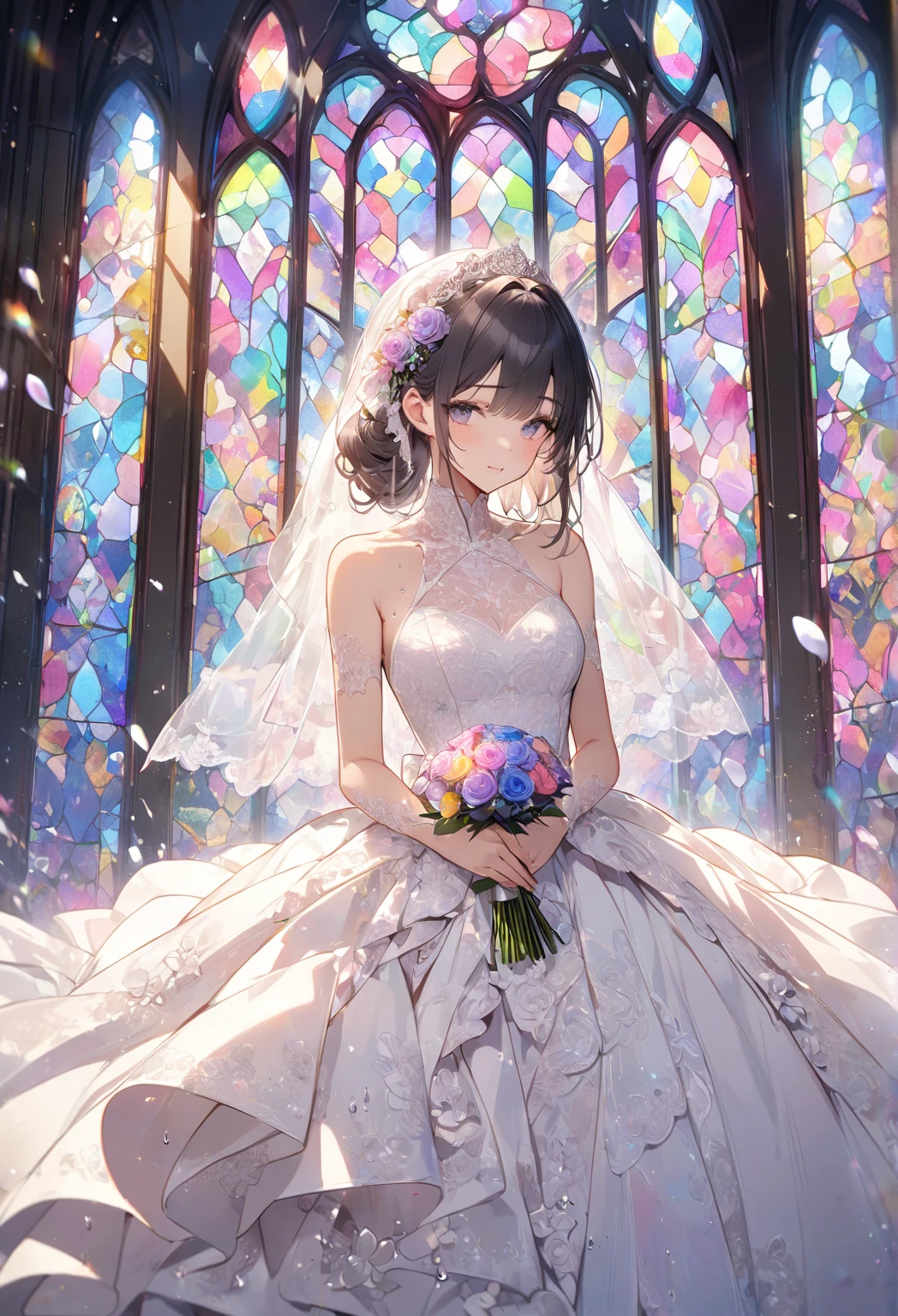 2D: 9, cartoon style, thick contour lines, watercolor, blessing smile, neat, dainty, drooping, double teeth, bruises, cute, composition from the front obliquely upwards, holding a luxurious bouquet in hand, crystal clear sunlight, 1 little girl, uphair, tying hair at the back, beautiful hair fastening, gorgeous embroidered dress, luxurious dress, ruffled dress, natural makeup, world drawn with stained glass, Kaleidoscope tone, feather breath,