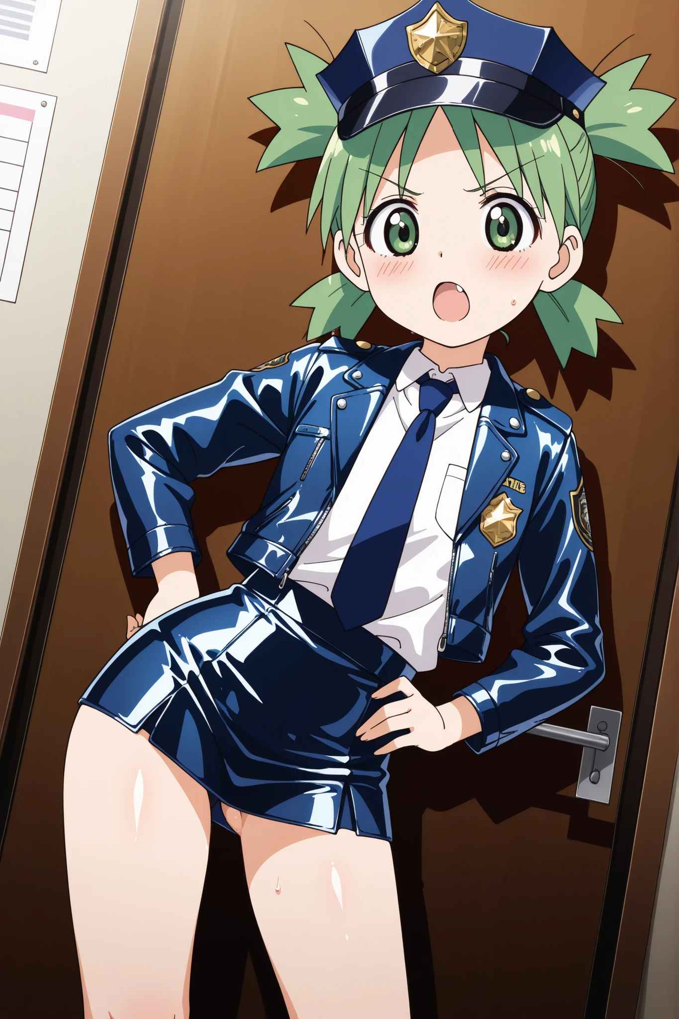 nsfw,sexy,(anime style),score_9, score_8_up, score_7_up,masterpiece, best quality,ultra detail,1girl,((((solo)))),solo,koiwai yotsuba,gleen quad tails,(green eyes),school,((white shirt)),((blue tie)),((Flat Chest)),(((knee))),(((open leg))),(hands on own hip),((dramatic angle))
,(((((MINI POLICE SKIRT))))), (blue leather jacket),(blue jacket),((((shiny leather blue mini skirt)))),((blue mini skirt)),(ass visible through thighs),(((contrapposto))),((((A glimpse of her thin thighs)))),looking at viewers,open mouth,sweat,blush,v-shaped eyebrows,
