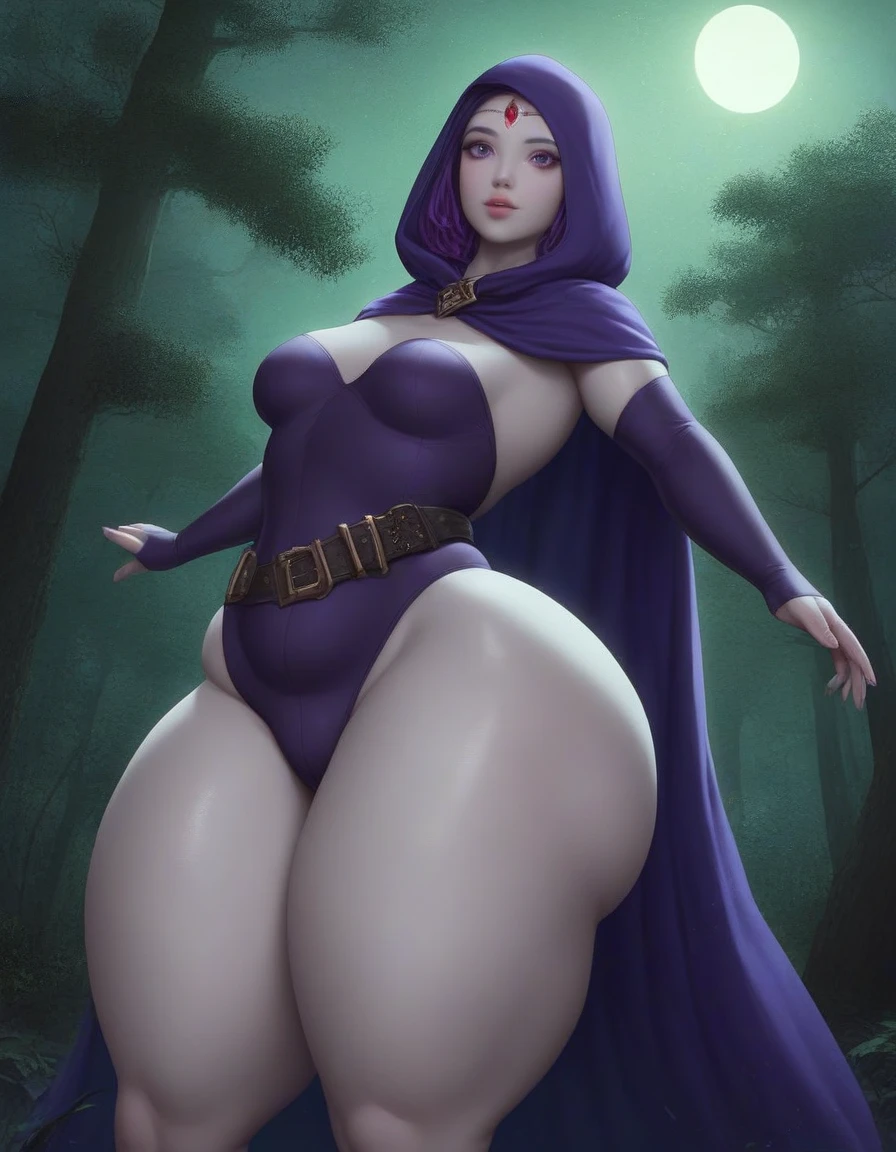 (solo:1.1),(masterpiece), (best quality:1.3),(majalis style) ultra detailed, intricate, professional art, digital art, absurdres, shadraven, (Full body view:1.1), 1girl, solo, (grey skin:1.4), dark purple hair, bob hair, dark purple eyes, hips wider than shoulders, pear shaped body, jewellery, detailed thighs, (thick thighs:1.3), red jewel in forehead, jewels, (long sleeved turtleneck leotard:1.4), (Red jewel Belt), (red jewel brooch), cuffs, small breasts, nipple bulge, (raven long dark purple hooded cloak), (Shadraven brooch:1.2), Shadraven jewel belt, Shadraven wearing a long sleeved leotard, long legs, fingerless gloves,(full lips), ( large penis testicle crotch bulge:1.4),, large penis, large testicles, side angle view, looking at viewer, bubble butt , gluteal crease, universal lighting,