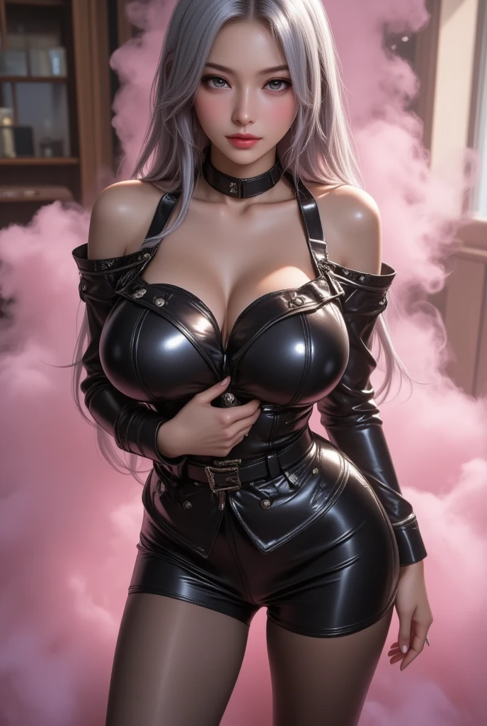 a 25 year old girl real life looking from england, wearing a black pvc frenc maid outfit, wearing stockings and suspenders, wearing high heels and posing for the camera