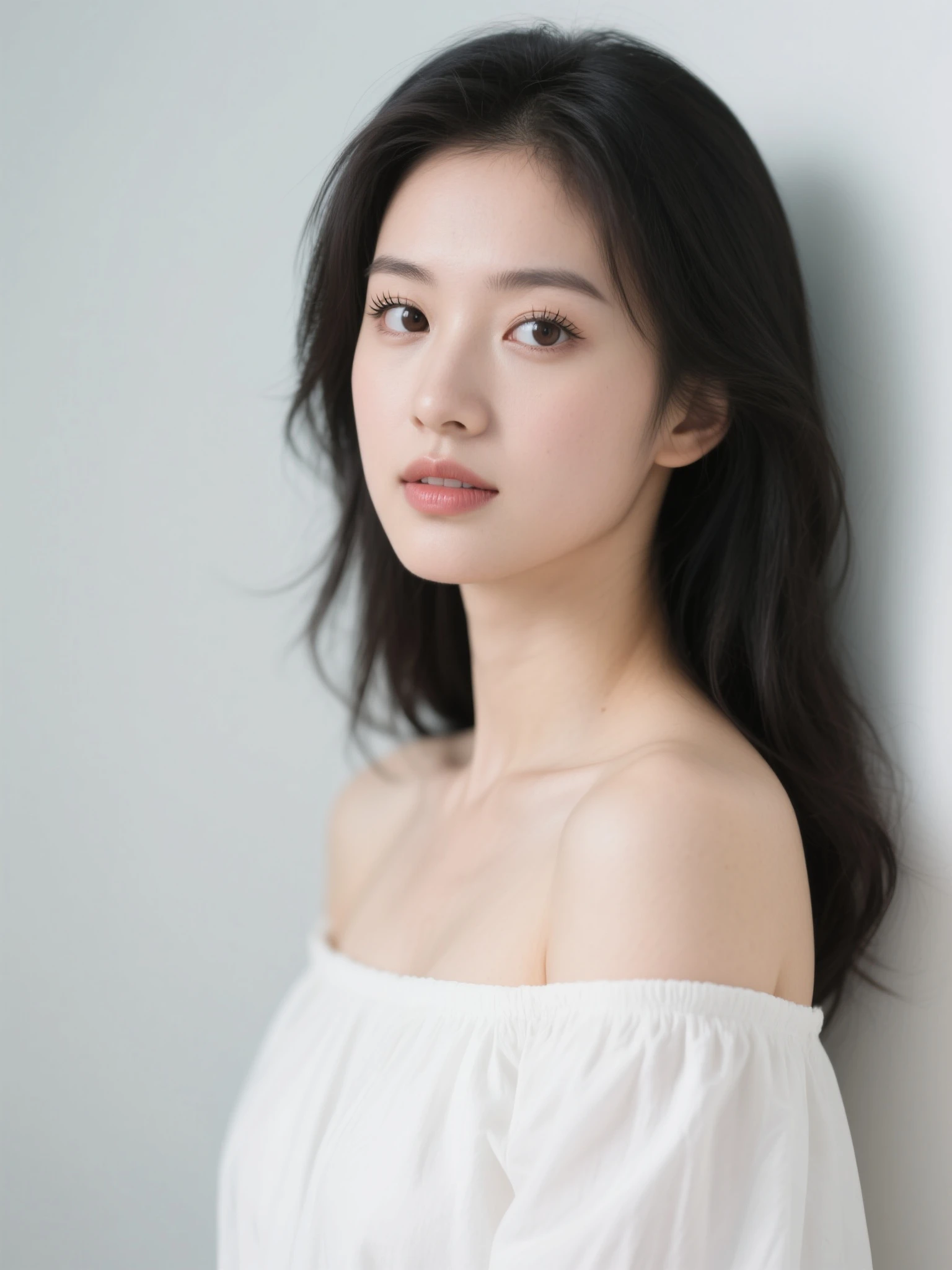 ((Top Quality, 8k, Masterpiece: 1.3)), Beauty, 1 Japan Girl, Big: 1.3, Slender, Dark Brown Hair, Ultra Detailed Face, Highly Detailed Lips, Detailed Eyes, Double Eyelids, photogravure sexy pose, (Masterpiece:1.3), (8K, Photorealistic, Raw photography, Best Quality:1.4), (1girl), Beautiful face, Realistic face, (Detailed face), Beautiful hairstyle, (Detailed hair), Realistic eyes, (Detailed eyes), Beautiful details, Realistic skin, (Detailed skin), Beautiful skin, Attractive, Ultra high definition, A hyper-realistic, Very detailed, (big breasts:0.5), Japanese beauty, (slim figure), (White button up long shirt :1.1, sexy), gentle, perfect teeth, brown hair, (super model figure), cute young Japanese girl, pretty young Japanese girl, (simple gray background), Big breasts :1.2, Enhanced cleavage, bashful, wide shot, (full body)