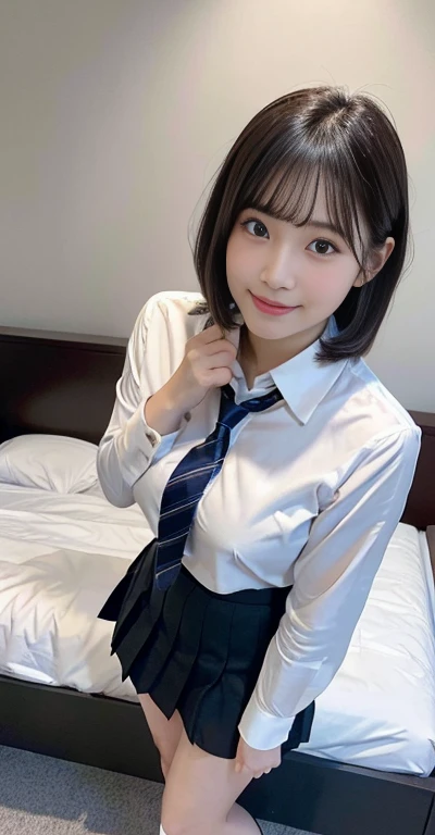 (masterpiece:1.2), Japanese, (16 years old), (a girl), (Collared shirt), (skirt), Thighs, (bow tie), room, smiling, tits,