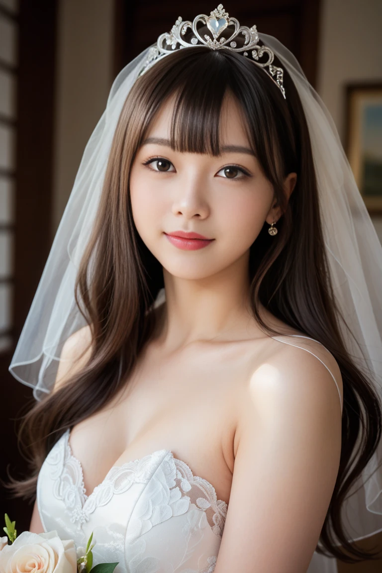 (top-quality、​masterpiece:1.2)、Best Quality、realisitic、photoshot、hight resolution、1080p、8K、Textured skin、Physical Rendering、1 Japan Girls、a junior high school student、kawaii、Young Face、Rolled hair、(weddingdress:1.5)、stain glass、chies、Having a bouquet、up of face、full of shyness、smil、Colossal tits