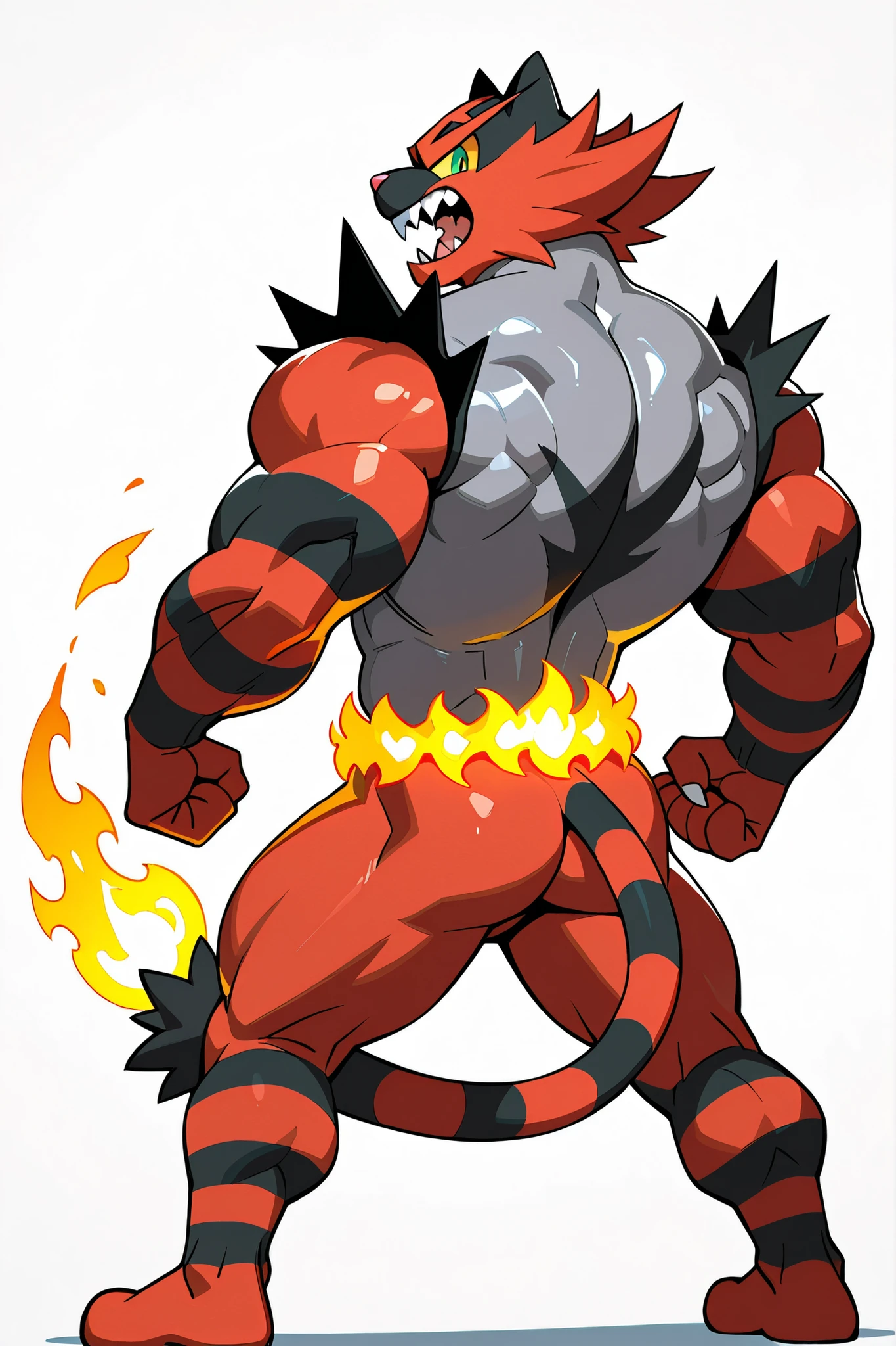 (( Incineroar)),score_9, score_8_up, 2d, solo, male, 1boy,(( cartoon,source_cartoon)),pokemon, (incineroar) , ((felid , glowing flame belt , yellow sclera ,gray neck,gray OBLIQUES,gray clavicle, green eyes , open mouth , sharp teeth , anthro , male , tail ,muscular)),dynamic action, digitigrade,(glistening),(nude body),((featureless chest,featureless pecs,featureless breast,featureless crotch)),manly, tall, bara,abs, obliques,((((back muscles,featureless hip,back view)))), v-taper, iliac furrow, narrow waist, broad shoulders, trapezius,large pectorals, hyper defined muscles, shredded muscles,featureless chest,featureless crotch, bulky,wide digits BREAK grin, fists, mischievous, looking at viewer,dymanic posing,((roaring,focus back side body)), BREAK best quality, amazing quality, very aesthetic, absurdres, newest, hires, high quality, masterpiece, detailed, white background,show the floor,((full body))
