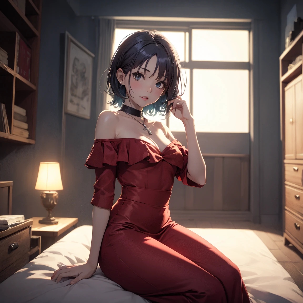 (A cinematic masterpiece of) a stunning brunette woman with short hair, fast asleep in front of a crackling fireplace, (with intricately detailed) facial features and (expressive) eyes, (dressed in a satin nightgown), in the cozy and warm surroundings of her elegant living room. The fireplace, casting a gentle (warm and inviting) glow, illuminates the woman's peaceful face and creates a sense of tranquility and comfort in the (High-definition 4K) image. The overall scene is filled with a sense of calm and relaxation, transporting the viewer into a serene and picturesque world.