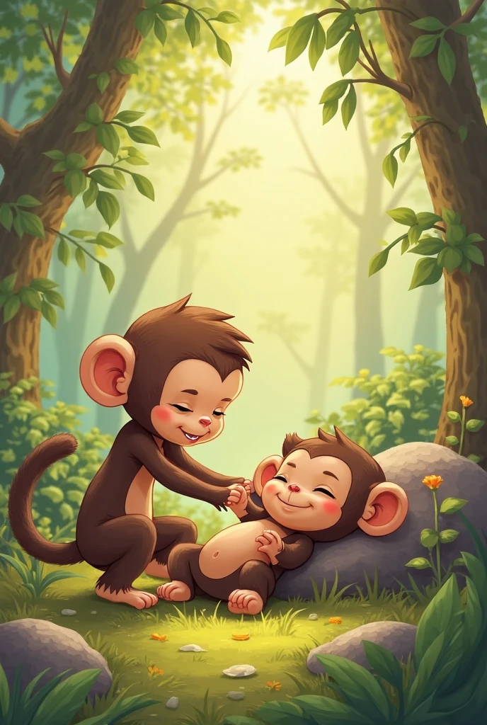 Monkey Shooing Away Flies: The monkey sitting next to the sleeping king under the tree, swatting away flies with a small, delicate fan made of peacock feathers. The scene captures the monkey’s dedication and care for the king.
