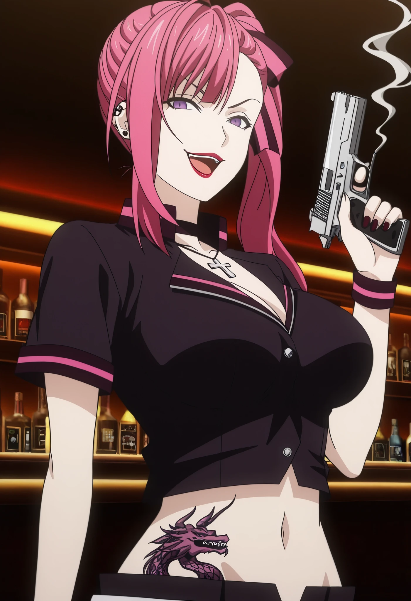 masterpiece, best quality, amazing quality,1girl, solo, BREAK
,pink hair, long hair,side ponytail,hair ribbon,purple eyes, pink sh1rt,black pleated sk1rt, y4naime4, m4sk,
ear piercing, long hair, , lipstick,Hot girl, baddie, smoking, sensual, attractive ,cross necklace, choker,bar background, inside bar, indoors, cityscape, casino, nightclub, city lights,,
,smile, open mouth, () , holding a gun, evil expression, exposed belly, exposed navel, exposed midriff, exposed lower belly , holding pistol, lipstick, medium large  ,looking at viewer , dragon tattoo on waist, narrowed eyes, tattoo on waist, anipai_style , anime screencap , anime coloring, v-shape eyebrows,