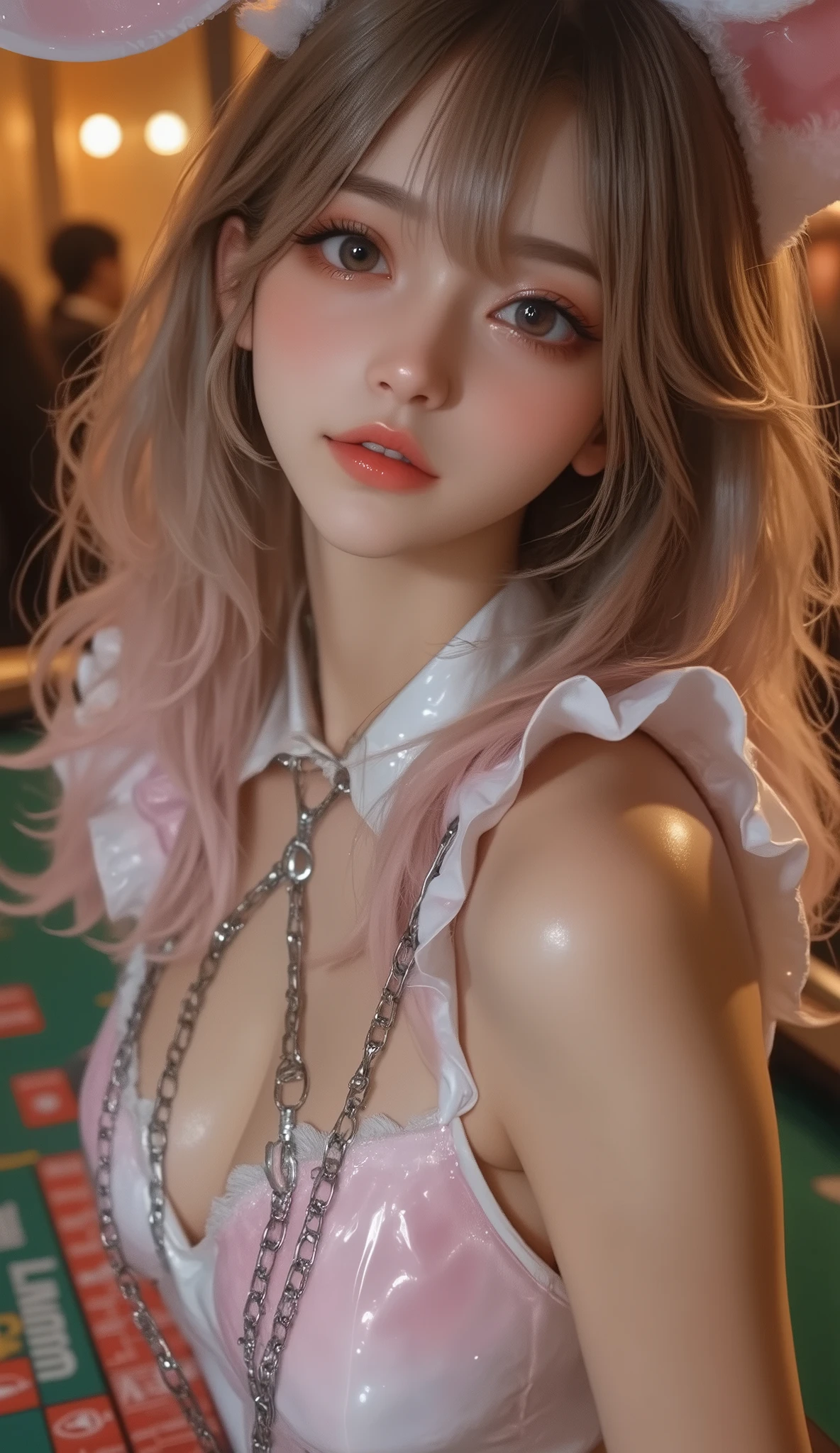 ( long distance shot :1.5)、(16 kg、 RAW pictures , top quality, masterpiece)、(actual images)、(Realistic Photos)、  click here for details, Beautiful Eyes, very detailed and beautiful , amazing details 、 with chains wrapped around her body 、 Real Faces, depicting her face in detail down to the smallest detail、 brown hair、Long hair curls、 Fluffy Curly 、3D curly hair、 large almond-shaped eyes 、 eyeliner is soft brown、thick eyeliner 、Lightweight artificial eyelashes 、Beautiful sister、 pretty beautiful woman with a perfect body 、 White beautiful skin、 Shiny Lips、 High Resolution Face and Skin Textures 、 detailed eyes 、double eyelid、Black eyes、blue eyes、 has bangs、(Show me a woman's whole body、Full Body Shot:1.7)、latex bunny dress 、Casino table, rabbit ears, bodystocking, fishnet tights、Casino、Casino台の前に立つShow me a woman's whole body、red bunny girl costume：1.2、slim body、showing off her slender, beautiful legs：1.5