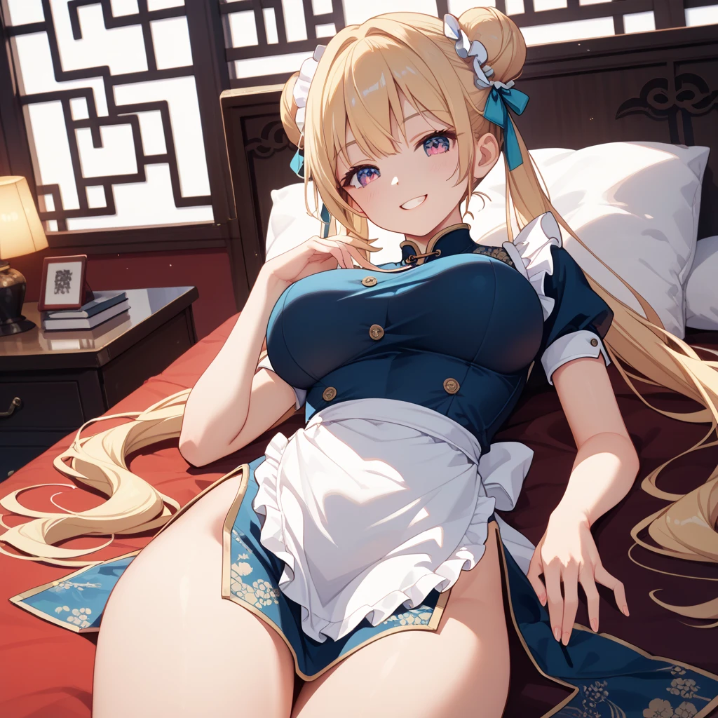 A little more realistic and erotic　Blonde　Big Breasts　Double　The body shape is smooth　The background is a bed　　　　Crying with tongue sticking out　Lying down with legs open and making a peace sign　And the ahegao face wearing Chinese clothes　正確なtitsの数　Exact number of arms　Sex　tits　naked　Blowjob　Shyness　Sexual pleasure　rape