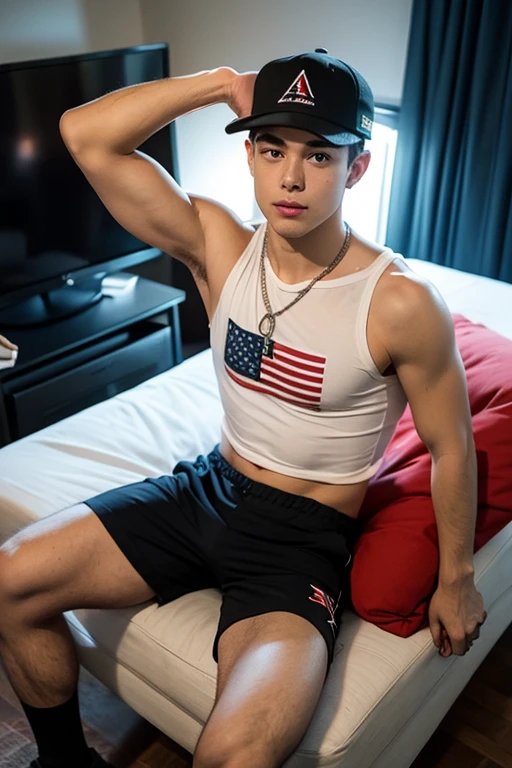 is the boss of&#39;art, (Belle Teen), Thick sleeves, grey eyes, only, (large pectorals), abdomen, shorts, (black sleeveless shirt), in the bedroom, Niji 5, Dark skinned man, blue eyes, Short blonde hair on top 