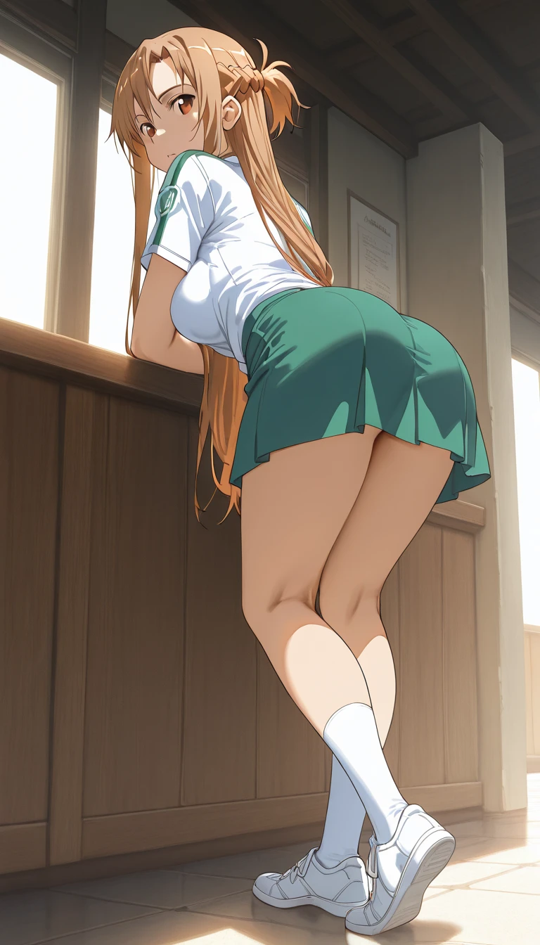 ((1 girl)), ((alone)), Rei Miyamoto, ((Extremely detailed CG unity 4k wallpaper)), (Masterpiece), (ultra quality), (Ultra detailed), (best illustration), ( best shadow), (extremely detailed), looking at viewer, (absurdities), (detailed background), curvy body, dynamic pose, cowboy photo, large breasts, medium waist, wide hips, medium thighs, round butt,(( long hair, brown hair, hair antennae, brown eyes, green sailor collar, black bow tie, white shirt, long sleeves, pleated skirt, green skirt, black thigh-high stockings, ((skirt lift: 1.4)), smile , closed mouth) ), seductive, Standing, cowboy photo, backlight, ((solo)), ((Standing:1.4, indoor, school, classroom, desk, window, sunset, (sexy smile, pose sexy: 1.4), looking forward, ((focus on panties), pov: (from below), perfect anatomy, perfect hands,