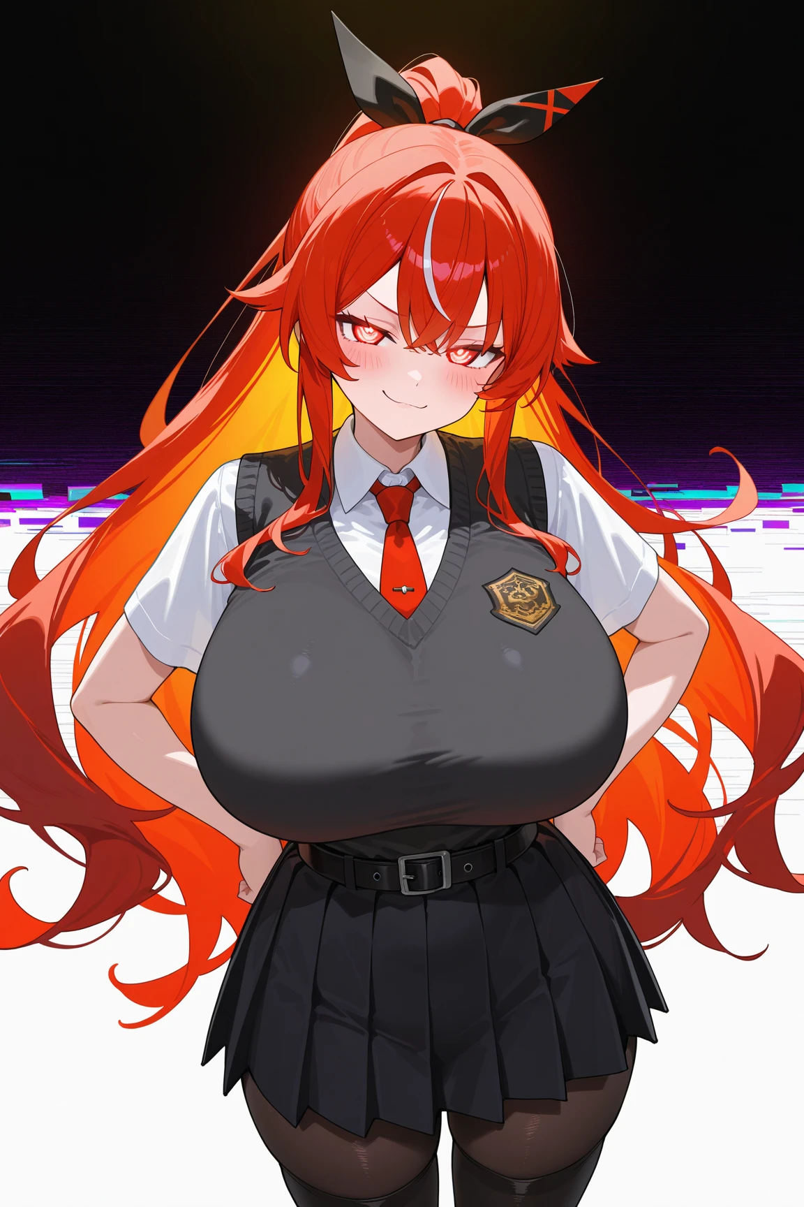 , , MKSKS style, detailed background, 1 girl, alone, Itsuki Nakano, elder, mature woman, star hair ornament, long hair, redhead, choke, bangs, hair amazing eyes, ponytail, blue eyes, big breasts , officeガール, red glasses, end, black suit jacket, collared jacket, white dress shirt, collared shirt, neckline, button, strap, ID card on neck, black pencil skirt, black pantyhose, smile, blush, looking at the viewer,throw(from below), fascinating, embarrassing, office, machine, computer, interior, ((sweat blush, big breasts, medium waist, wide hips, Middle legs, good anatomy、good hand