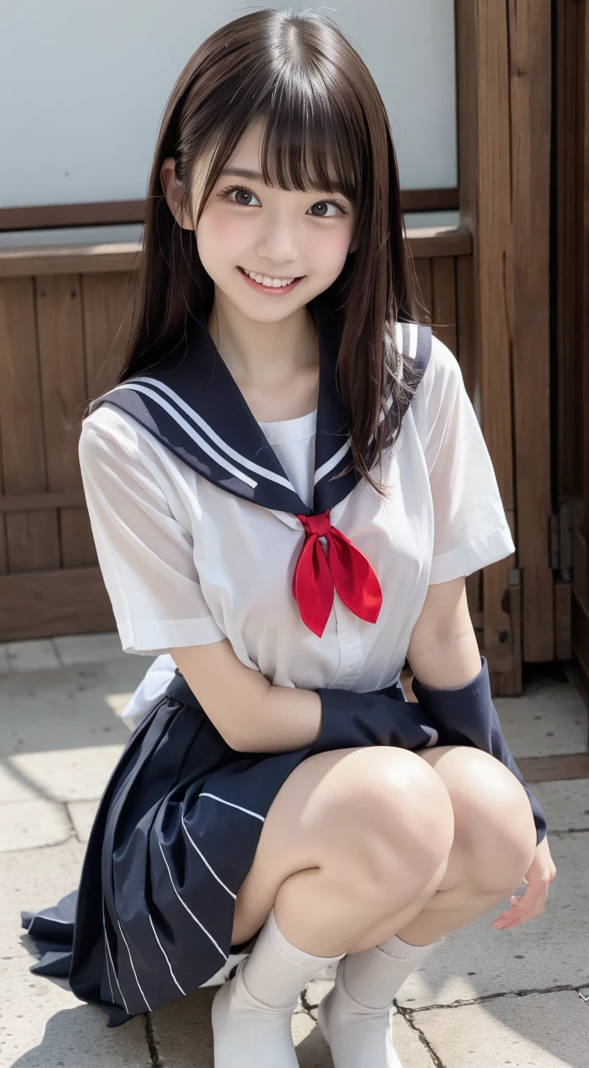 17-year-old girl、whole body、(Schoolgirl Uniform、Sailor suit、Navy Pleated Skirt)、Spread your legs、(Striped cotton panties are visible、Camel Toe)、Small breasts、(smile、Perfect white teeth)、bangs、Long Hair、Hair Ribbon、(Twin tails、Smooth Hair)、The body is slim、RAW Photos, (Highest quality、masterpiece、Realistic photo:1.2)、(Realistic:1.4)、Dramatic lighting、Bright lighting、Pastel Color Palette、Very detailed、Realistic skin texture、Beautiful eyes in every detail、Brown eyes、(Detailed Background、Written boundary depth:1.2)、