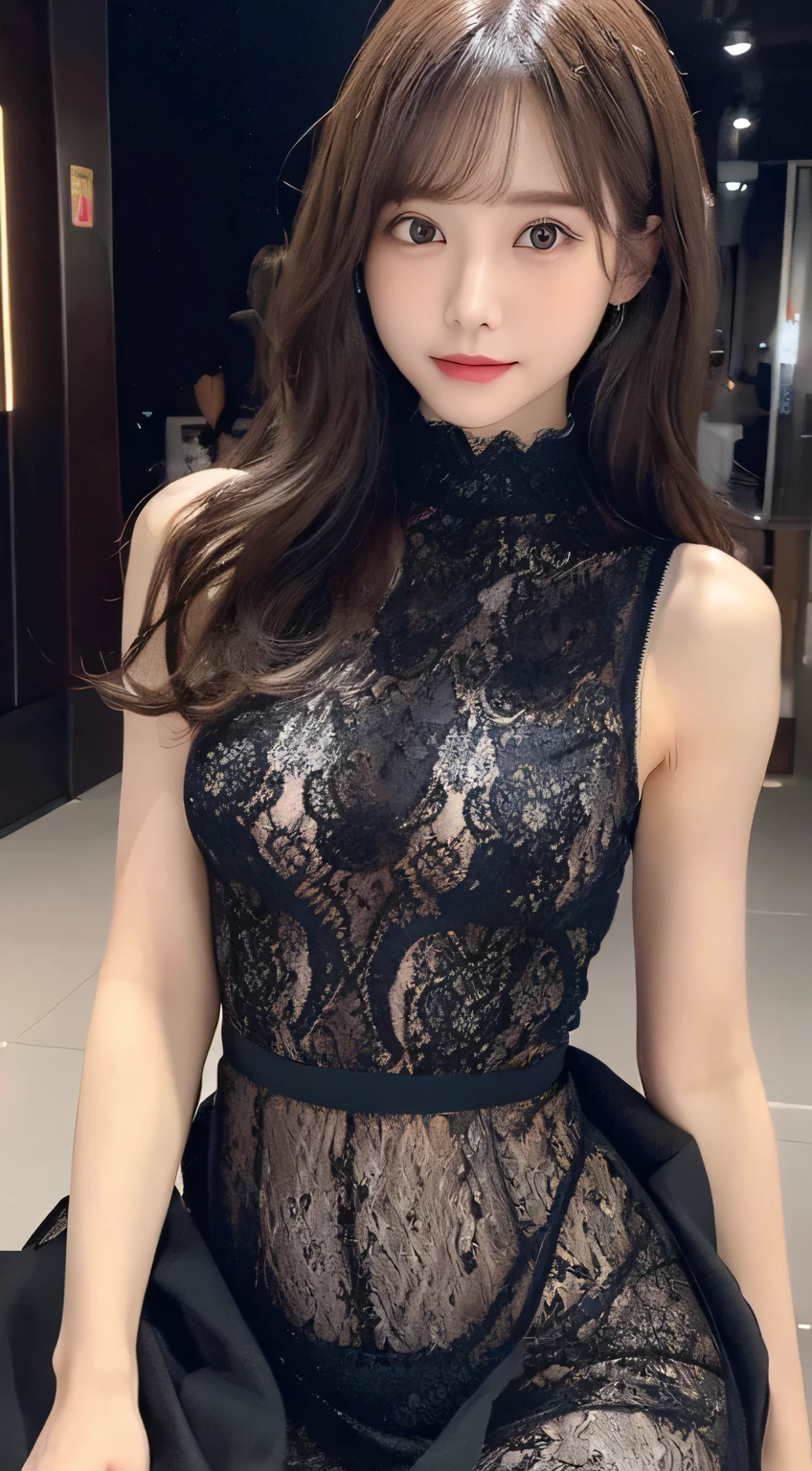 Super detailed、Japanese、charming beauty、seductive adult woman、Dainty woman、sharp eyes、cool girl、wavy hair、suit、Black chiffon、lacy fabric、wide sleeve、wearing a lace insert dress、white blouse、Tight Skirt、flower pantyhose、Shiny legs、evilの幹部、evil depravity、brainwashing、Mind control、lipstick、grin、邪evilなな表情、evil、empty eyes、邪evilな、Church at night、reach out