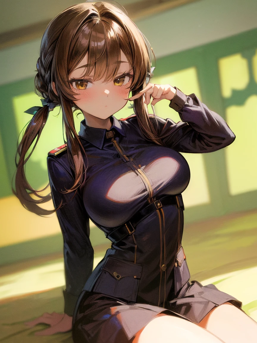 (​(8k, best quality, masterpiece:1.2), ultra-detailed, (high brightness:1.3), (high contrast:1.1), (high saturation:1.1), (anime screencap:1.20), 1 girl, (hokko tarumae\(umamusume\)), (long hair:1.2), (animal ears, horse girl), green eyes, black hair, blunt bangs, animal ears, horse tail, ((multicolored hair, streaked hair)), brown eyes, long hair, ((horse ears)), bangs, ((twin braids:1.10)), horse girl, brown hair, cute, ((beautiful eyes:1.2)), (cute eyes:1.2), ((Detailed details eyes:1.5)), cute, (((gigantic breasts:1.20))), (((puffy nipples:1.20))), ((covered nipples:1.10)), hair bow, ((official alternate costume:1.5)), ((baseball cap:1.5, ears through headwear:1.10)), black headwear, (shiny black jacket, zipper, long sleeves), (black crop top:1.5), (((midriff peek:1.30))), (((ultra low-rise grey pants:1.20, upper buttocks:1.30, Thong:1.30))), ((cute smile, happy, red blush)), (plump body:1.5), ((dynamic angle:1.5)),
