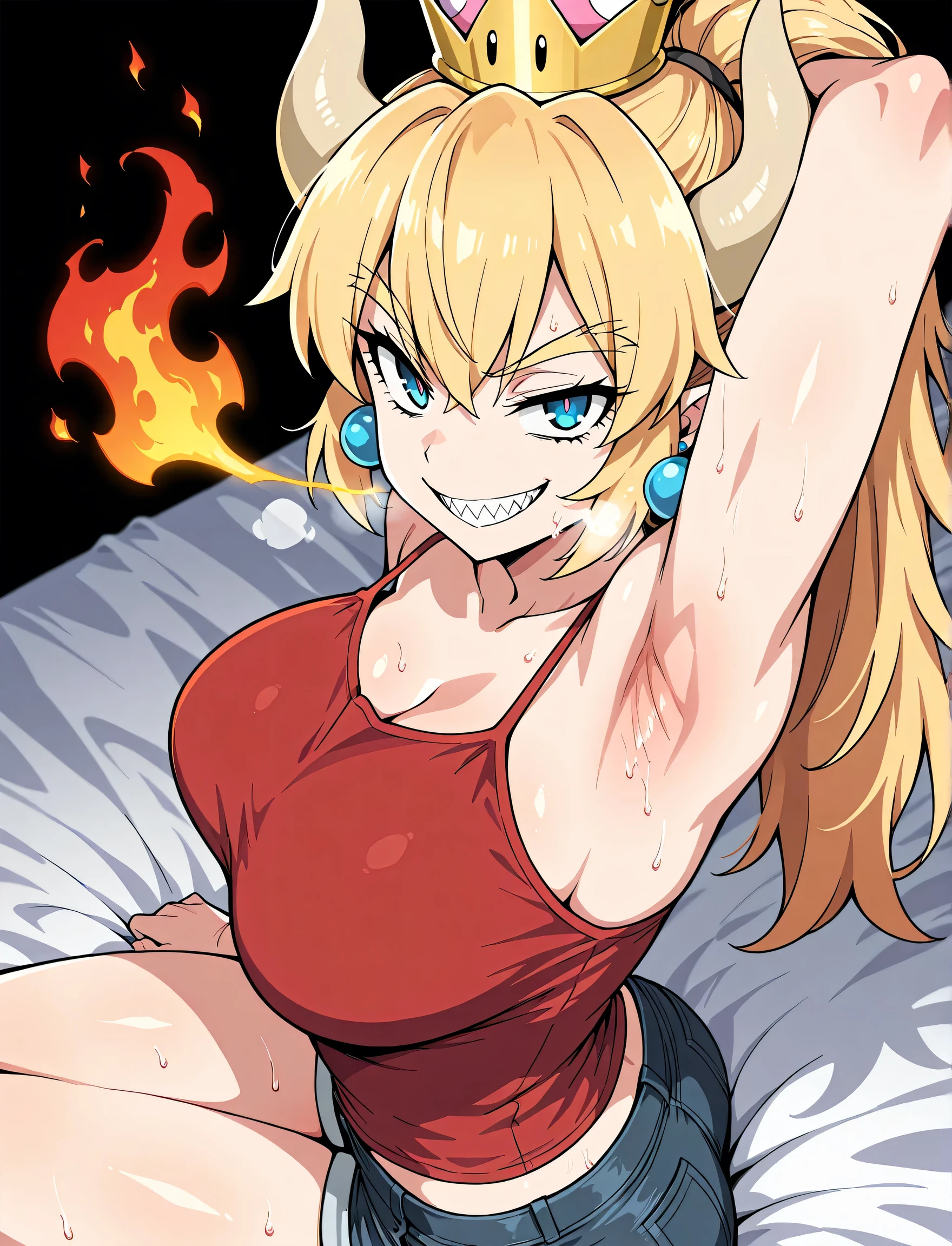 ((high detailed, best quality, 4k, masterpiece, hd:1.3)), ((best quality)), (((HD))), (((8k))), (ultraDH), (ultra HD), Princess Daisy, blue eyes, BREAK blue eyes, seductive, attractive, smooth anime cg art, 36C breasts, long legs, vivid colors, detailed digital art, slim body, perfect skin, dark blonde hair, long hair, blonde hair, blonde hair, BREAK crown, cleavage, 36C cleavage, looking at viewer, BREAK looking at viewer, extremely detailed face, red santa suit, red santa claus suit, santa claus suit, earrings, gem, dark black makeup lips, dark gothic eyeshadows, dark eyeshadows, black eyeshadows, black sexy lips, black lips, (dark:1.2), dark lips, very dark lips, (perfect hands, perfect anatomy), black makeup, black medium lips, black thick lips, detailed fingers, five fingers per hand, 5 fingers, (1 girl), detailed lips, detailed black lips, black painted lips, gothic painted lips, BREAK night, night sky, (breast focus), (arms outstreched:1.2), (from above:1.1), (breasts out:1.3), (off shoulder:1.1), (white horns), (bra), inside a lava castle, she inside a sea of lava, she bathing in lava, full body, perfect long legs, perfect foots, legs and foots into the lava,