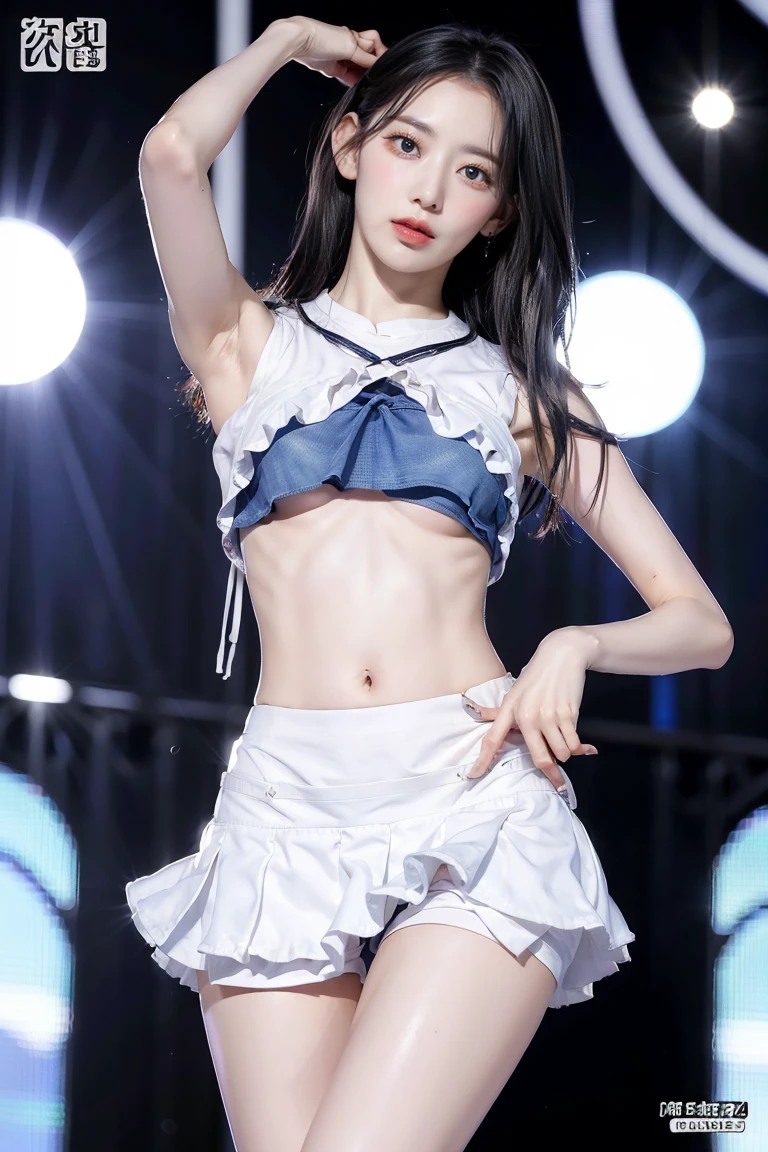 (8k), (highest quality: 1.2), (Realistic), (Realistic: 1.47), Ultra-high resolution, 1 girl, cute, smile, Mouth closed, (Thick lips:1.2),Red lips,Beautiful details, Beautiful Nose,(Straight shiny black hair),(ponytail),Stand on the concert stage,Hold the microphone in your right hand,Bend your elbows and raise your hands,(University uniform,stripe loose fit white shirts formal:1.2),(Pleated skirt),(open shirt:1.3),(Calvin Klein sports bra:1.2),(knees),(Medium Shot),