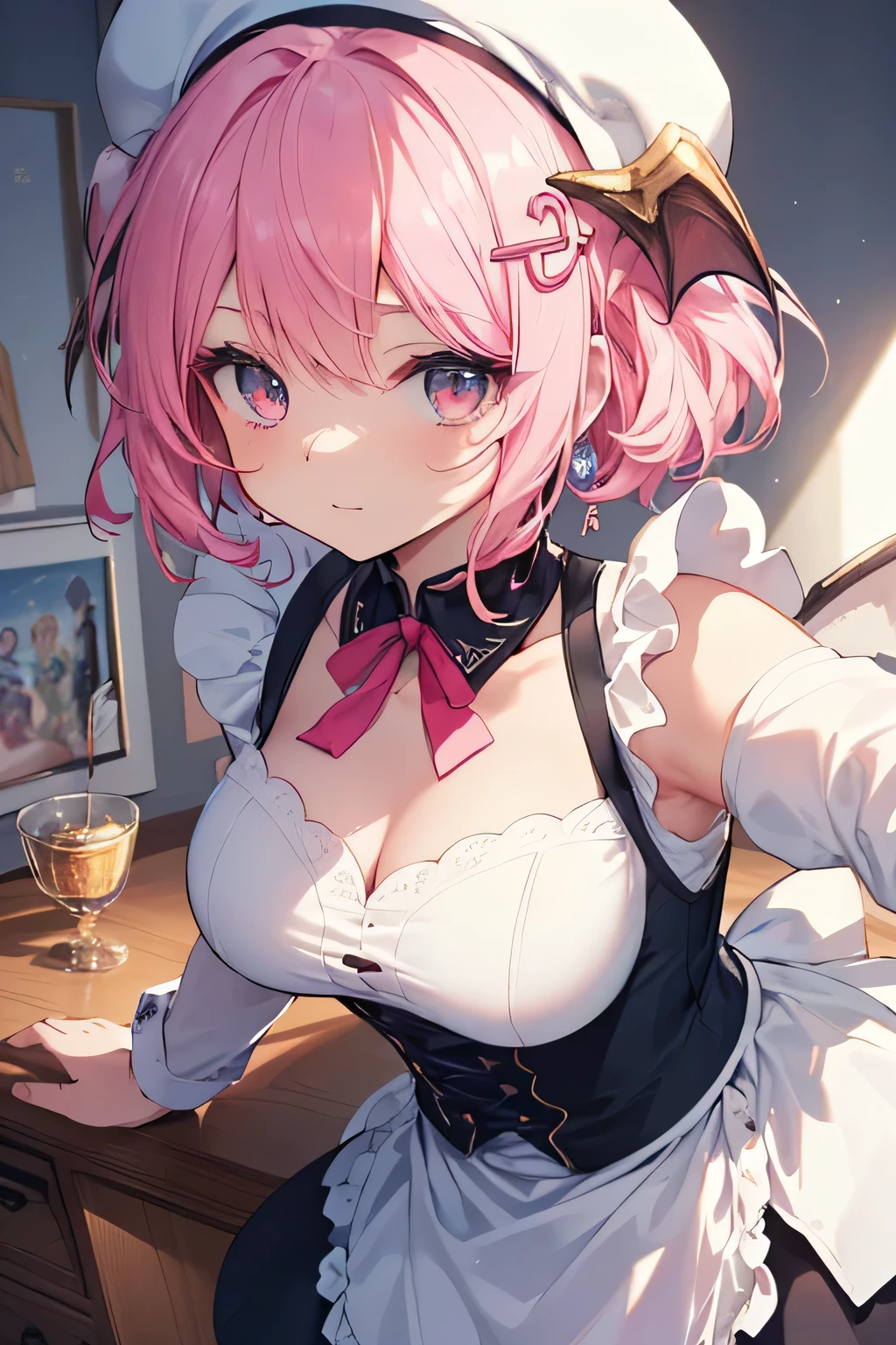 (Original Character、Unity 16K Wallpaper, Masterpiece, Best Quality, Ultra-Detailed, Extremely Detailed CG, Caustics, Cinematic Lighting, Detailed, Beautiful Detailed Eyes, solo,sexy women), Ultra High Resolution, fine skin, (maid, maid apron, maid headdress), (strong light)、oily skin,curby:1.2,,cowboy shot,sexy women,wavy hair, above chest:1.2,little devil face,large breasts,pink hair