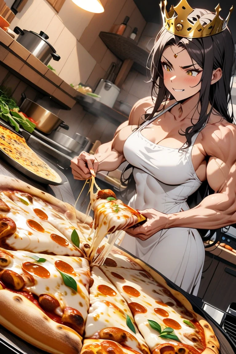Anime, 2d anime, cartoon anime, detailed illustration, dynamic angle, ultra-detailed, illustration, 1girl, late 20’s year old, Big woman, very tall, broad shoulders, silky long black hair, muscular, tone body, a little bulky, muscular arms, wide shoulders, tall woman,  happy, energetic, extroverted, broad shoulders, large muscles, night time, Evning, standing by a window , in a yellow sundress, in a nice house, living room, dark wood panel walls, dark hard wood floors, eating a slice of cake