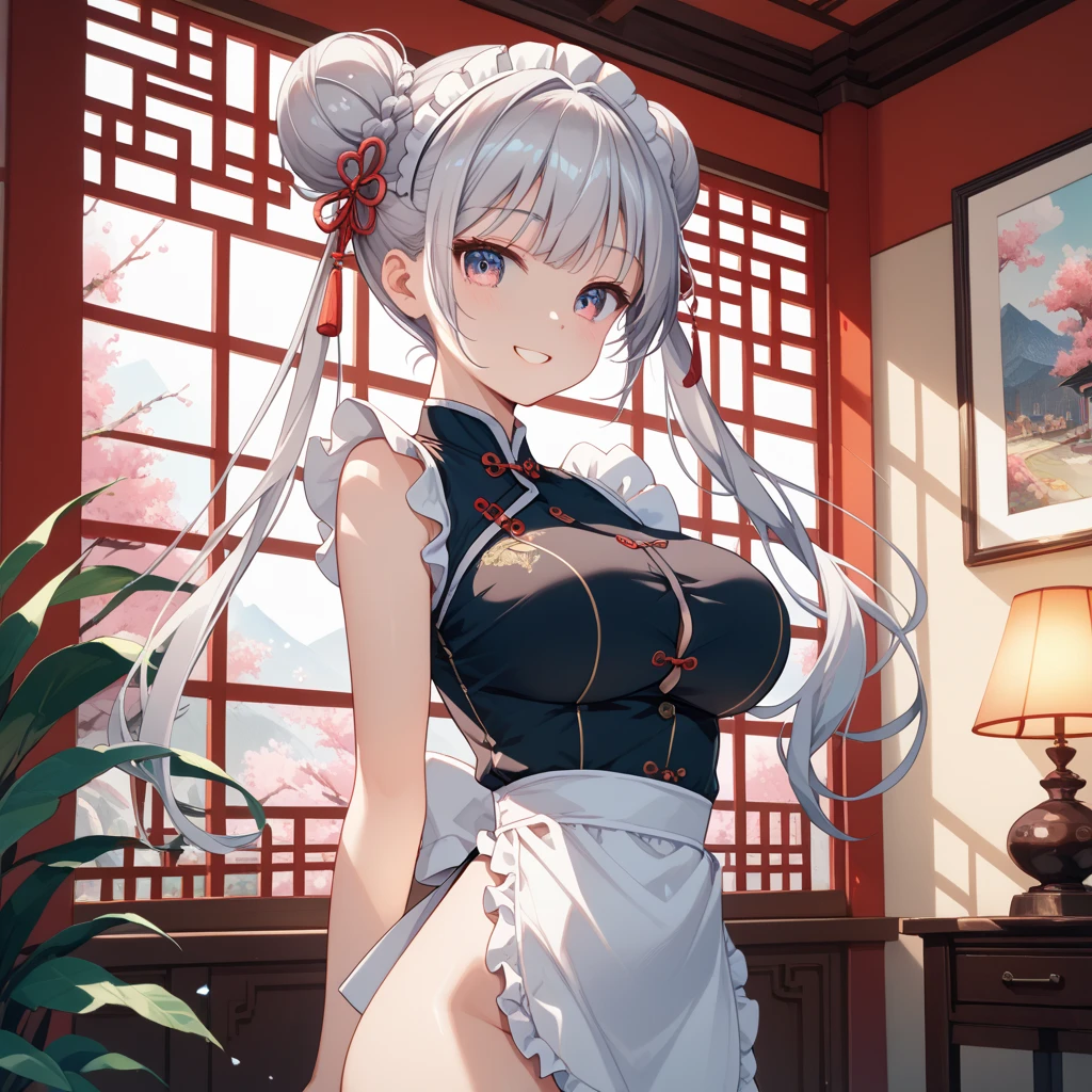 top-quality、realistic touch,high-detail、photoRealstic、Long body、captive beauty、big eye、Strong platinum blonde eyelashes、platinum-blond、full body Esbian、Sparkling eyes、Submissive smile、Flushed cheeks、Kamimei、thin-waist、Voluptuous thighs、Enraptured look、Raked bangs、The forehead is protruding、Tight chinese dress、sleeveless、Inside a room、She isn't not wearing panties、