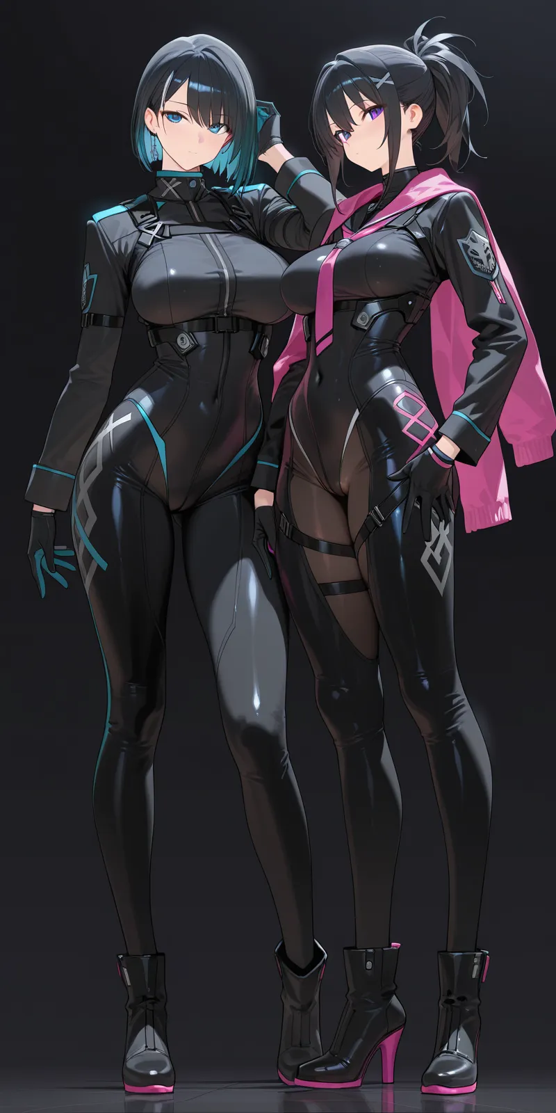 Here is a detailed description of the character in the image:
- **Head:**
- Pink hair styled into two large buns on top of the head with long twin tails flowing down to the waist.
- Light skin tone with a slightly mischievous expression.
- Large, golden-yellow eyes with a sharp, confident look.
- Small, slightly open mouth showing a playful grin.
- Black ribbons tied into the buns, adding a stylish touch.
- **Upper Body:**
- Wearing a tight, sleeveless white outfit that fits closely to the body, accentuating the character’s physique.
- The outfit features a high collar with a pink trim and a keyhole opening just below the neck.
- The top is decorated with small black flower-like ornaments and a small blue bow on the chest area.
- The character is wearing black fingerless gloves, adding a touch of toughness to the look.
- **Lower Body:**
- The white outfit continues into short, form-fitting shorts with pink trim, complementing the upper part.
- The left leg is covered with a long, white stocking that ends just above the thigh, adorned with a black strap.
- The right leg is exposed, showing the skin tone, and is also adorned with a black thigh strap.
- Black sandals with straps crossing over the feet complete the footwear, showing off the character's agile and athletic build.
- **Pose:**
- The character stands with a confident stance, with the right hand resting on the hip, and the left arm slightly extended, giving off a strong, assertive vibe.
- Legs are positioned firmly, emphasizing stability and readiness.
- **Overall Appearance:**
- The character exudes a bold and playful demeanor, with a mix of athleticism and style.
- The outfit is designed to be both functional and fashionable, with the white and pink color scheme providing a sharp contrast to the character’s pink hair and yellow eyes.
- The overall look suggests a character who is confident, playful, and ready for action.
Simple Background, Large Breasts, High resolution, Anatomically correct, Long Hair,