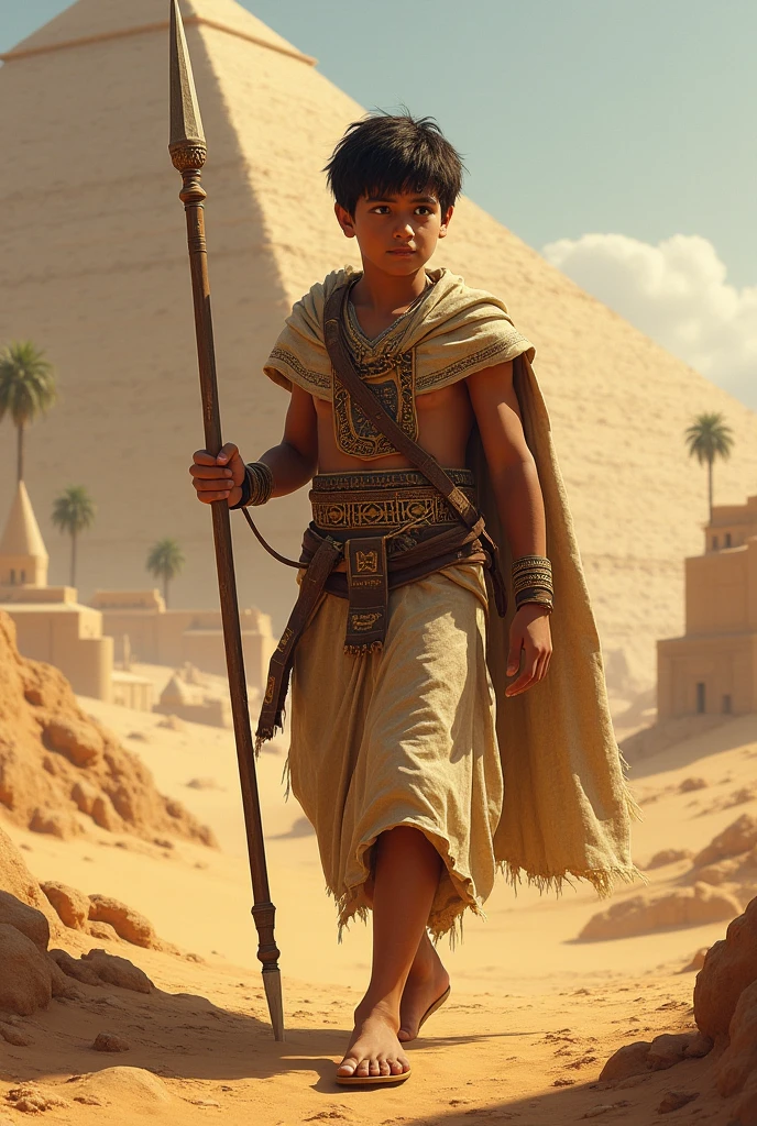 Little boy, tan skin, Anubis, ancient Egyptian clothes, Egyptian style spear, desert fox, black hair, emerald eyes, sand spirit.