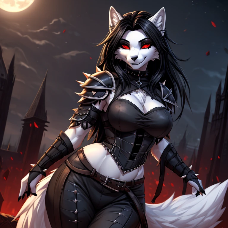uploaded on e621, (by Wildering, by Koul, by fluff-kevlar, by aycee), solo, female wolf, wolf ears, neck tuft, hip tuft, leg tuft, wolf tail, ((black sclera, red eyes)), ((vampire outfit)), ((painted portrait)), (masterpiece), (best quality), (anthro furry:1.3, snout:1.2, anthro:1.3, furry:1.2, solo female:1.2), (hourglass figure), (wide hips), (thick thighs), ((huge breasts)), (suggestive pose), (((black stripes on body, grey fur))) BREAK ((white hair)), (evil castle background, depth of field, ambient light on the body), (intricate:0.7), (high detail:1.3), (unreal engine:1.3), (sharp focus:1.15), (masterpiece, best quality, 4k, 2k, shaded, absurd res), ((leather collar)), ((cleavage))