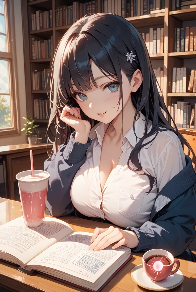 top-quality、Top image quality、masterpiece、Teenage girl((Black Suit、18year old、 Ager、Best Bust、big bast,Black eyes, Long Black Hair、A slender,Large valleys、sit a chair、Operating a computer、Gentle face、A slight smil)),hiquality、Beautiful Art、Background with((Calm room、bookcase、Black walls、window、snow blowing、The table、Hot milk、Christmas))masterpiece、depth of fields,Cinematic style
