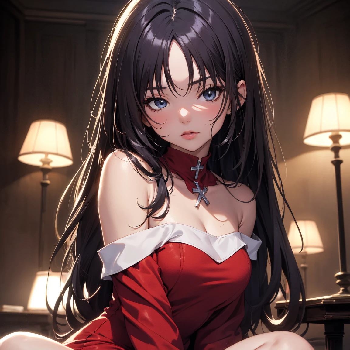 Anime girl with long black hair tied in a bun at the back, bright red cheeks, straight gray tape around her mouth, wearing red, off-the-shoulder red clothes, wearing black pantyhose, sitting on the floor and her panties visible, her arms stuck together from behind and her chest stuck to her arms, her chest and arms tied together with tape, her belly and chest on the floor. Anime girl