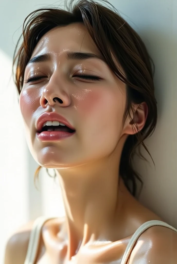 ((Completely naked:1.4)), Award-winning photo, Very detailed, Edge Orgasm,Face Focus, (Woman with open mouth and closed eyes ), 30 years old、Black Hair、Shiny skin、White skin、(Cowboy Shot:1.4),Realistic nostrils、Long and narrow nasal cavity,(Bedroom)、congestion、Medium chest、(Sharp Nose), concept,performance,Lift your head、((Skin shiny with sweat,Sweaty skin)),
