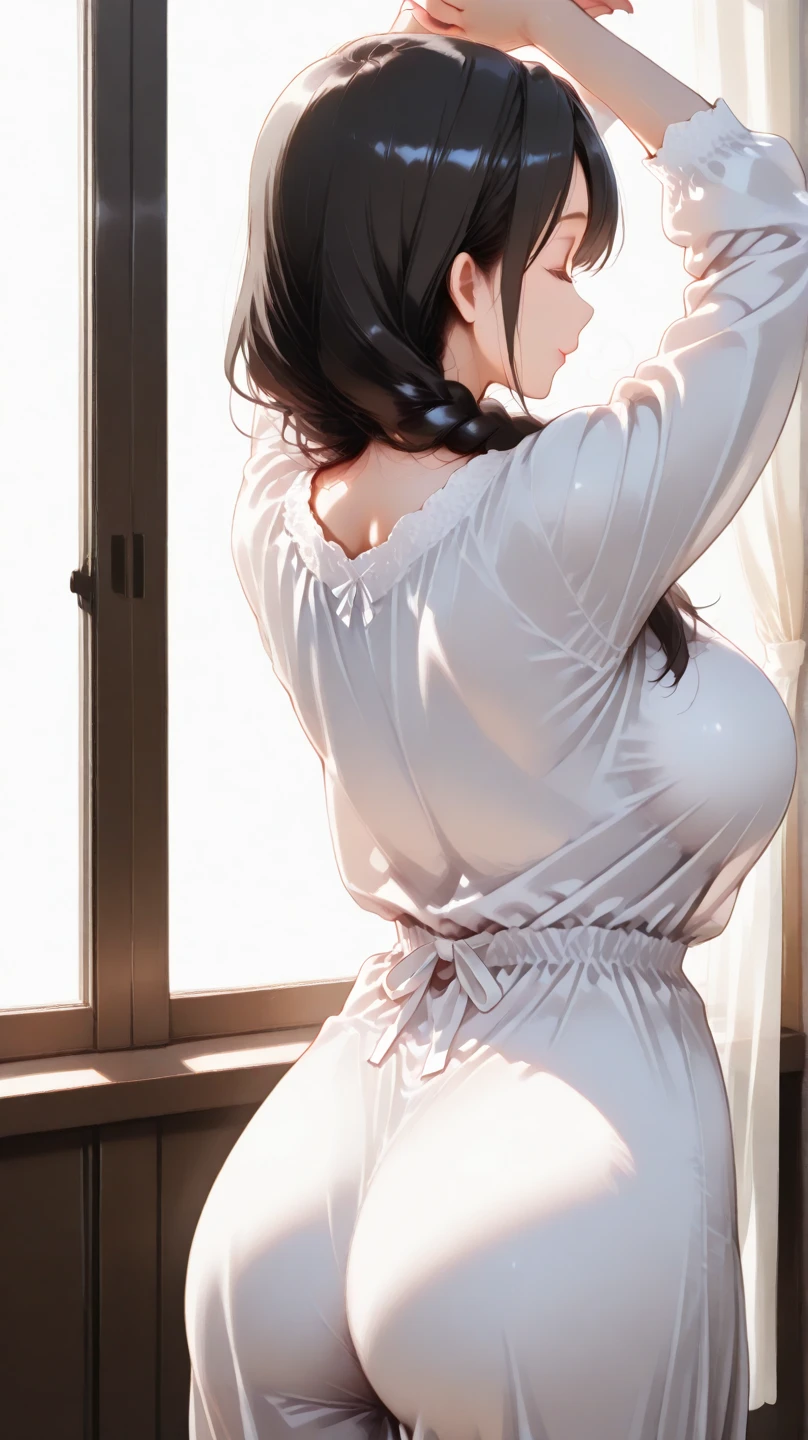 Adorable girl, round face, very kawaii, Solo , Slim , Medium Breasts , Short Stature . Glossy Skin . (((Half-naked))) . Dynamic Angle . No Background , White Background , looking at viewer, (((absurdrelushinasterpiece))), (((retina))), (((ponytail))), (((from behind))), (((sitting on bed)))